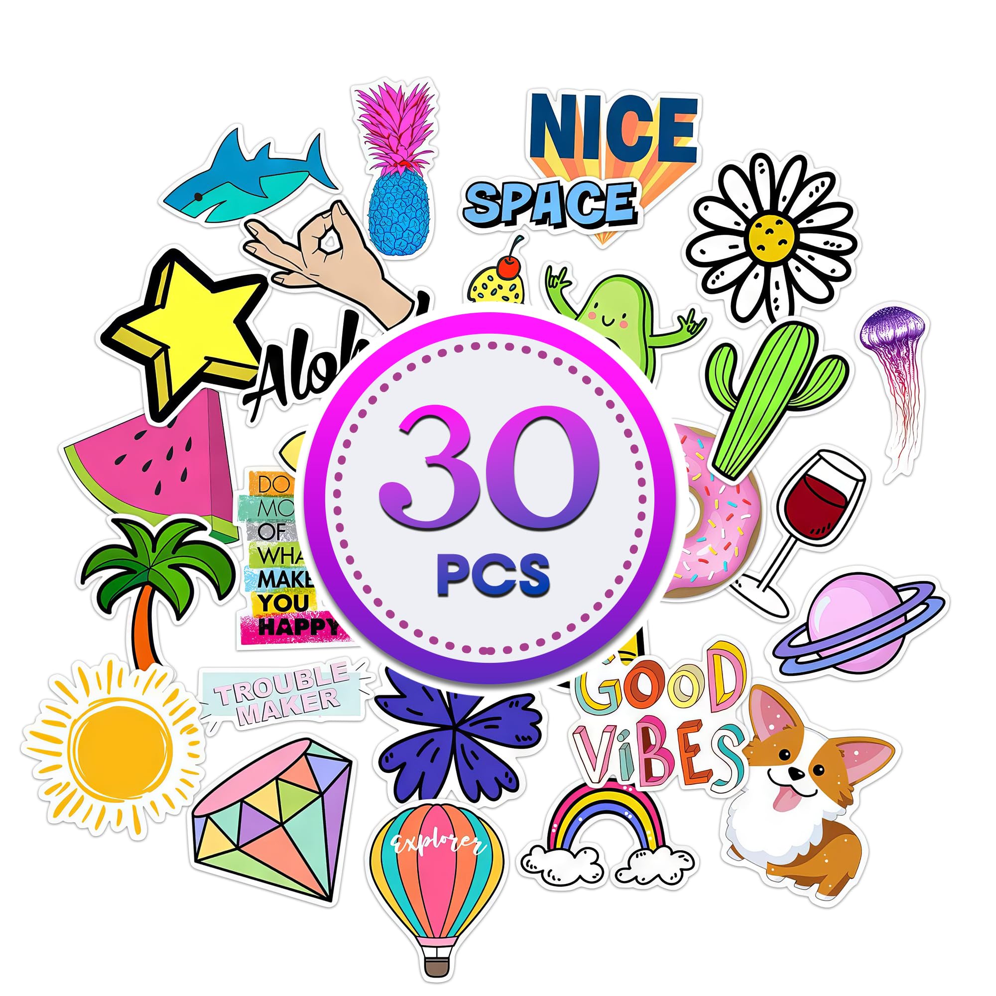 30 Pcs Cute Waterproof Stickers - Aesthetic Vinyl Pack for Laptops and Water Bottles