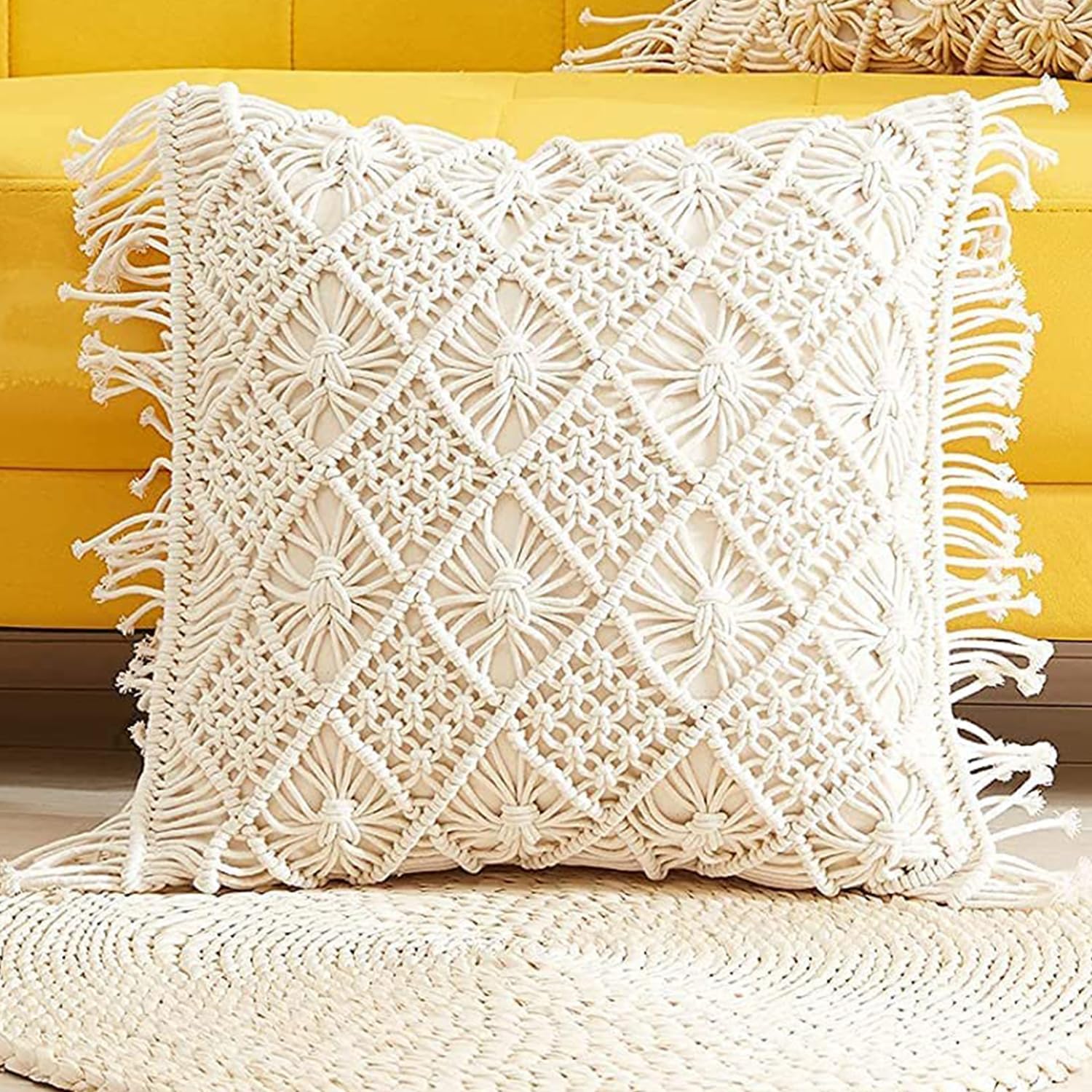 Kaahira Set Of 2 Soft Touch Boho Home Decor Macrame Cushion Cover | Bohemian Throw Pillow Case For Sofa, Couch Bed, Living Room - (16X16, Off White) - Cotton, 250Tc
