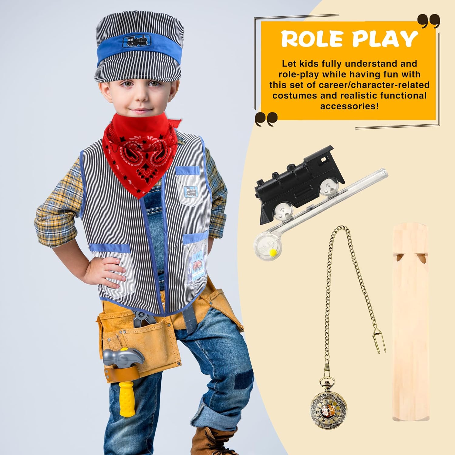 8 Pcs Kids Train Conductor Costume Set Engineer Outfit Cap Train Conductor Dress Up Kit for Kids Halloween Role Play Career Day Pretend Party Cosplay