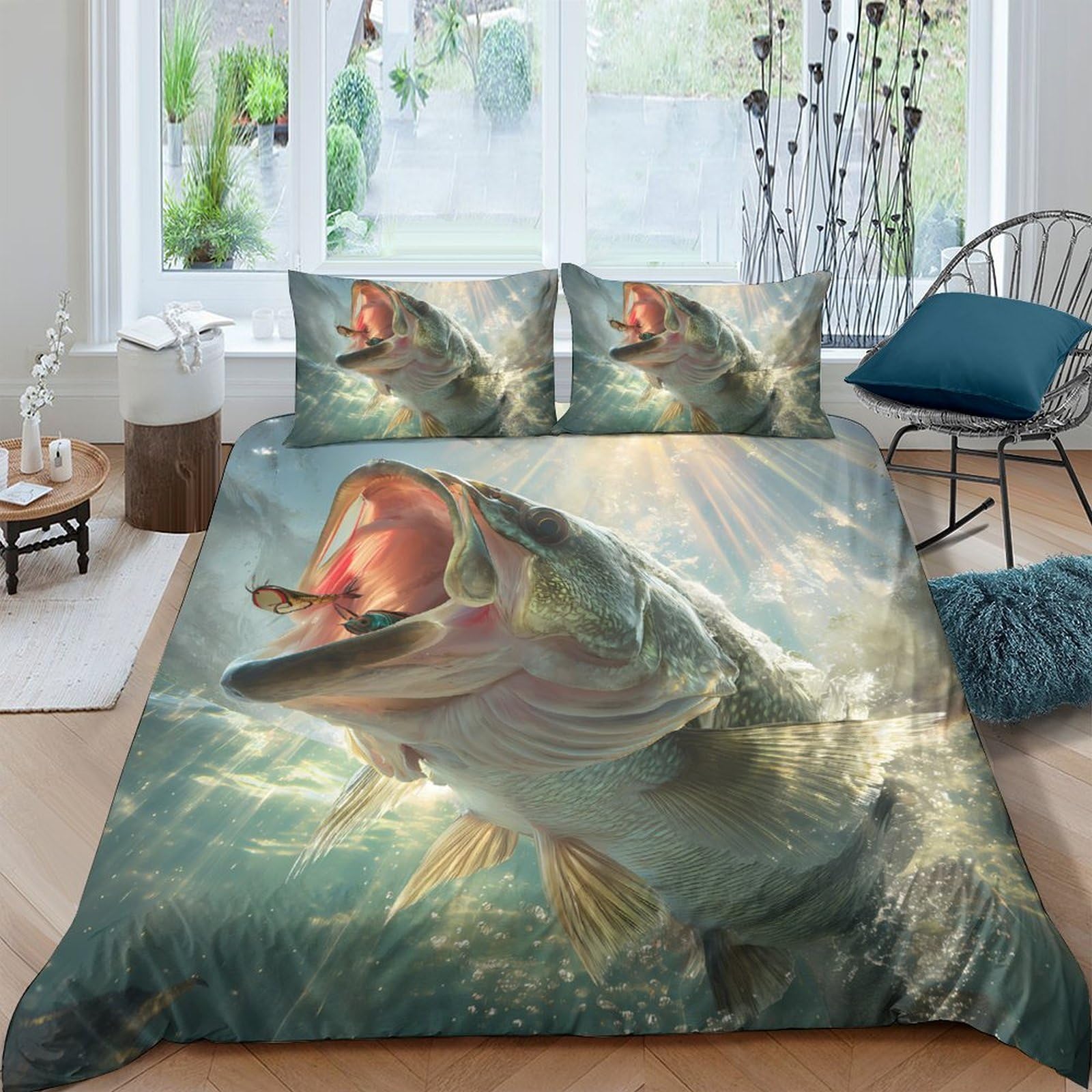 Ctjqhvkz Style-3 3D Printed Lively Pike Fish Fitted Sheet Microfiber Soft Breathable Water Splash Bed Cover For Bedroom Dorm Decor Single（135X200cm）