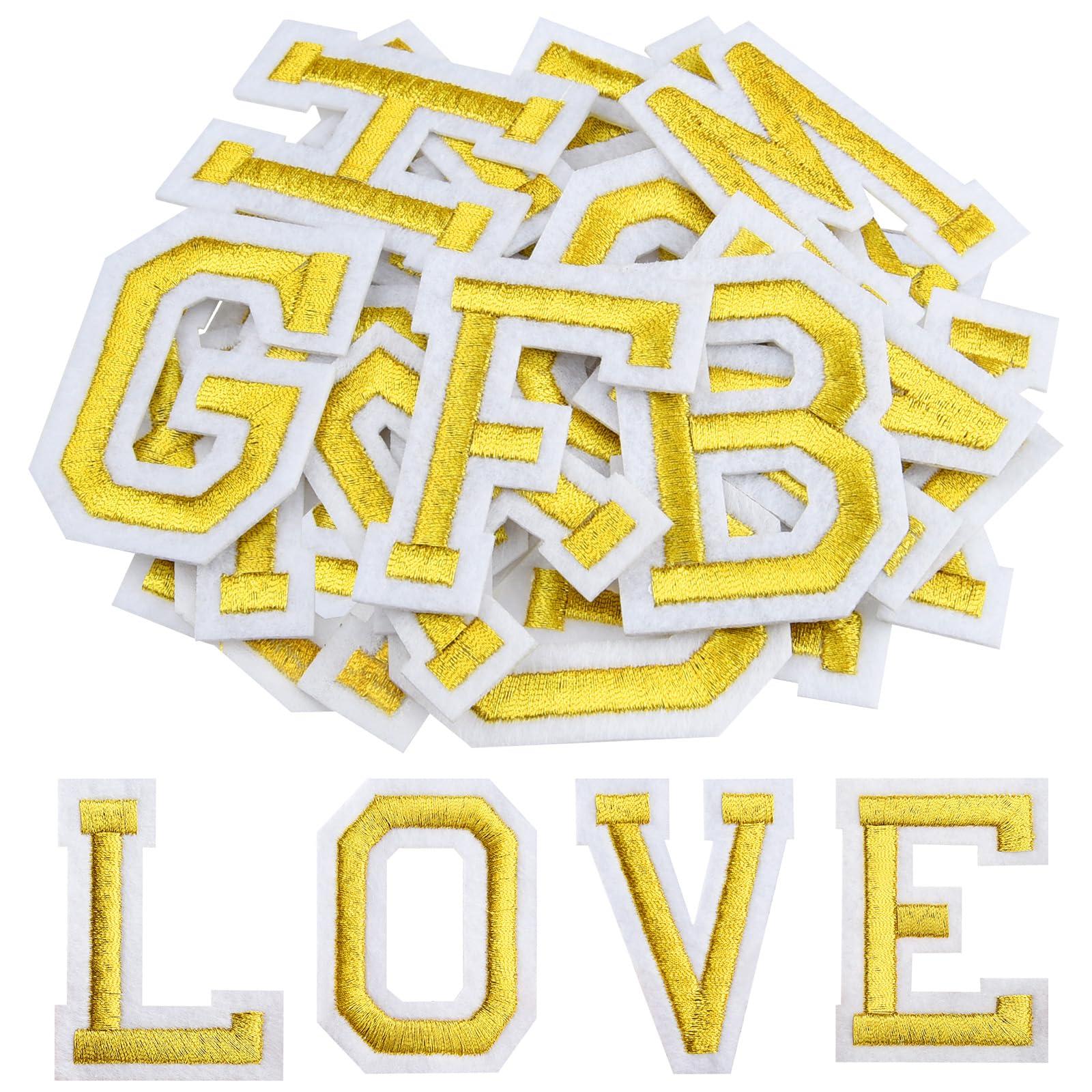 Morcheiong 78 Pcs Iron on Letter Patches A-Z, 2 Inch Iron on Embroidered Alphabet Patch for Clothing, Pants, Hats, Bags- Gold