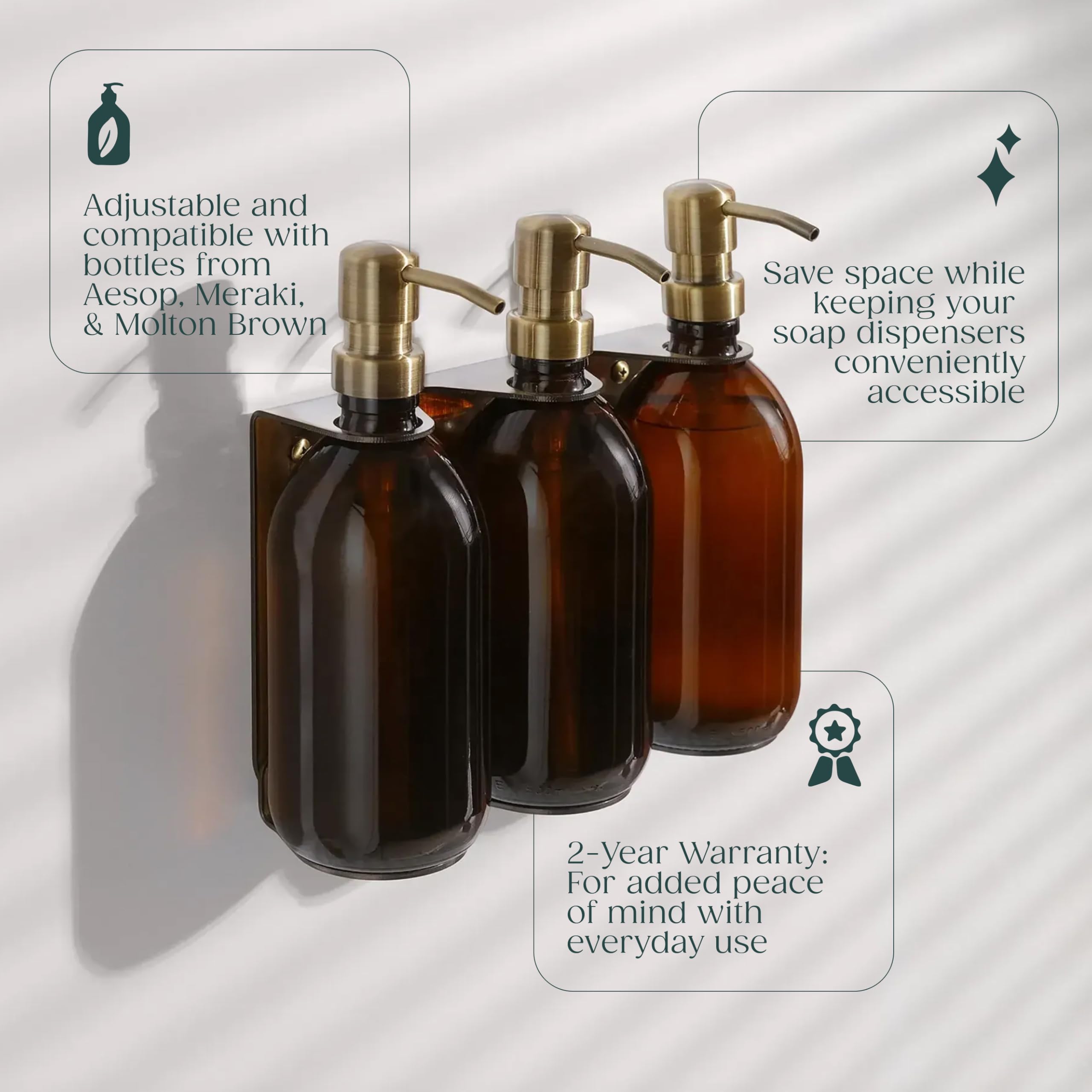 Kuishi Wall-Mounted Brushed Gold Soap Dispenser Bracket, 250-300 ML Soap Bottle Holder, Triple Brass Coloured Mounted Wall Soap Dispenser, Resistant to Corrosion and Markings, Bottles Not Included