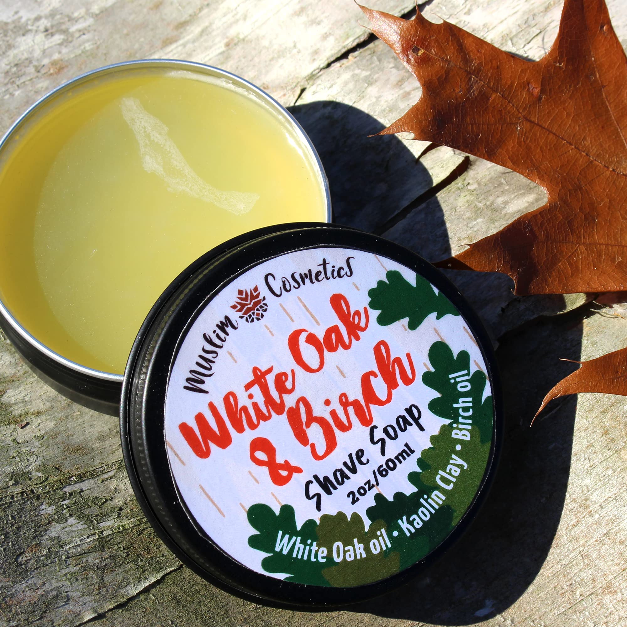 White Oak & Birch Shave soap | Kaolin Clay | Mens Natural solid shaving cream | Oat Protein | Moisturizing Thick Lather || Made in Canada - Muslim Cosmetics - White Oak (2oz TIN)