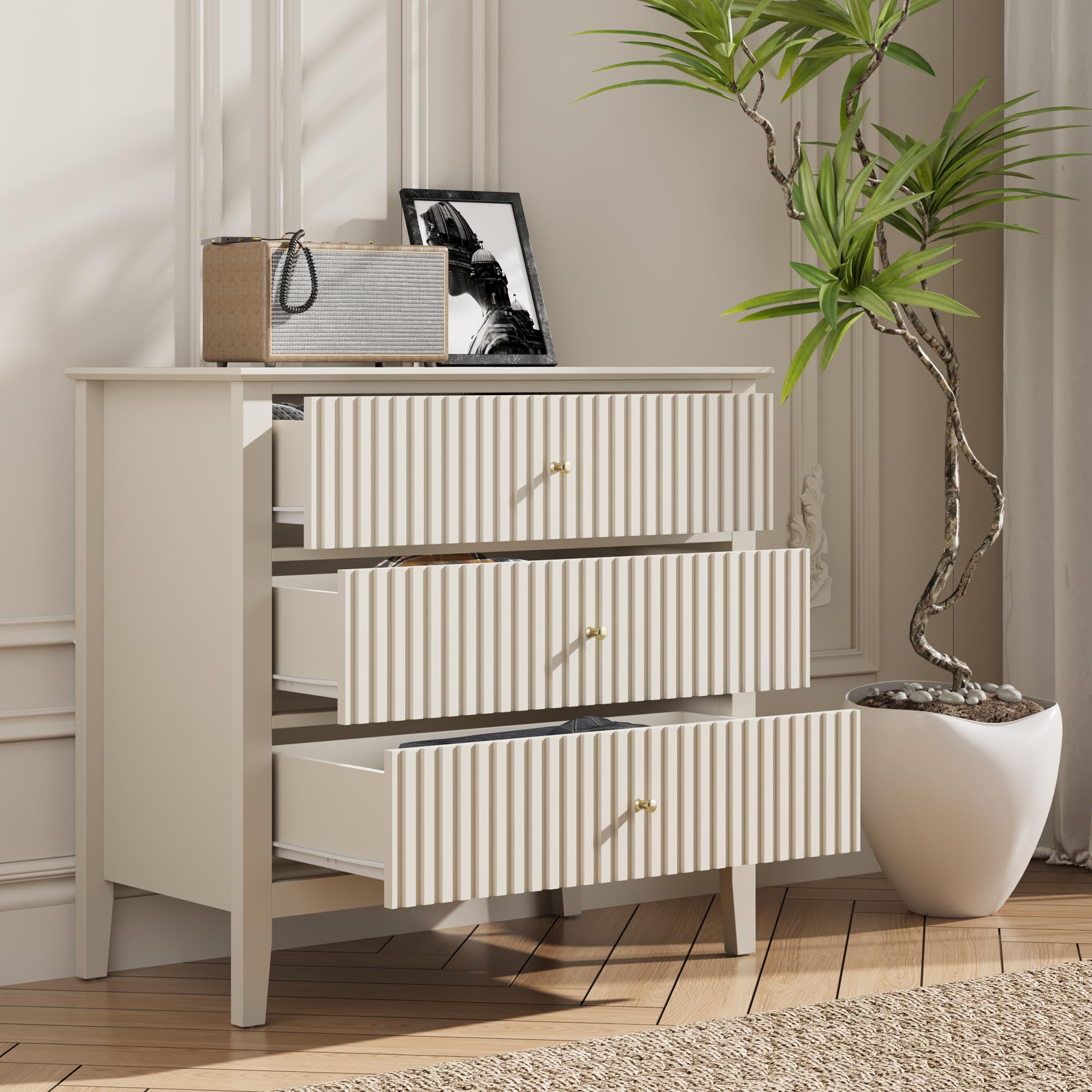 SUNVIVI Fluted Dresser for Bedroom: 3 Drawers Modern Nightstand, Wide Chest of Drawers Beige with Spacious Storage, Eco-friendly Wooden for Living Room/Entryway/Hallway
