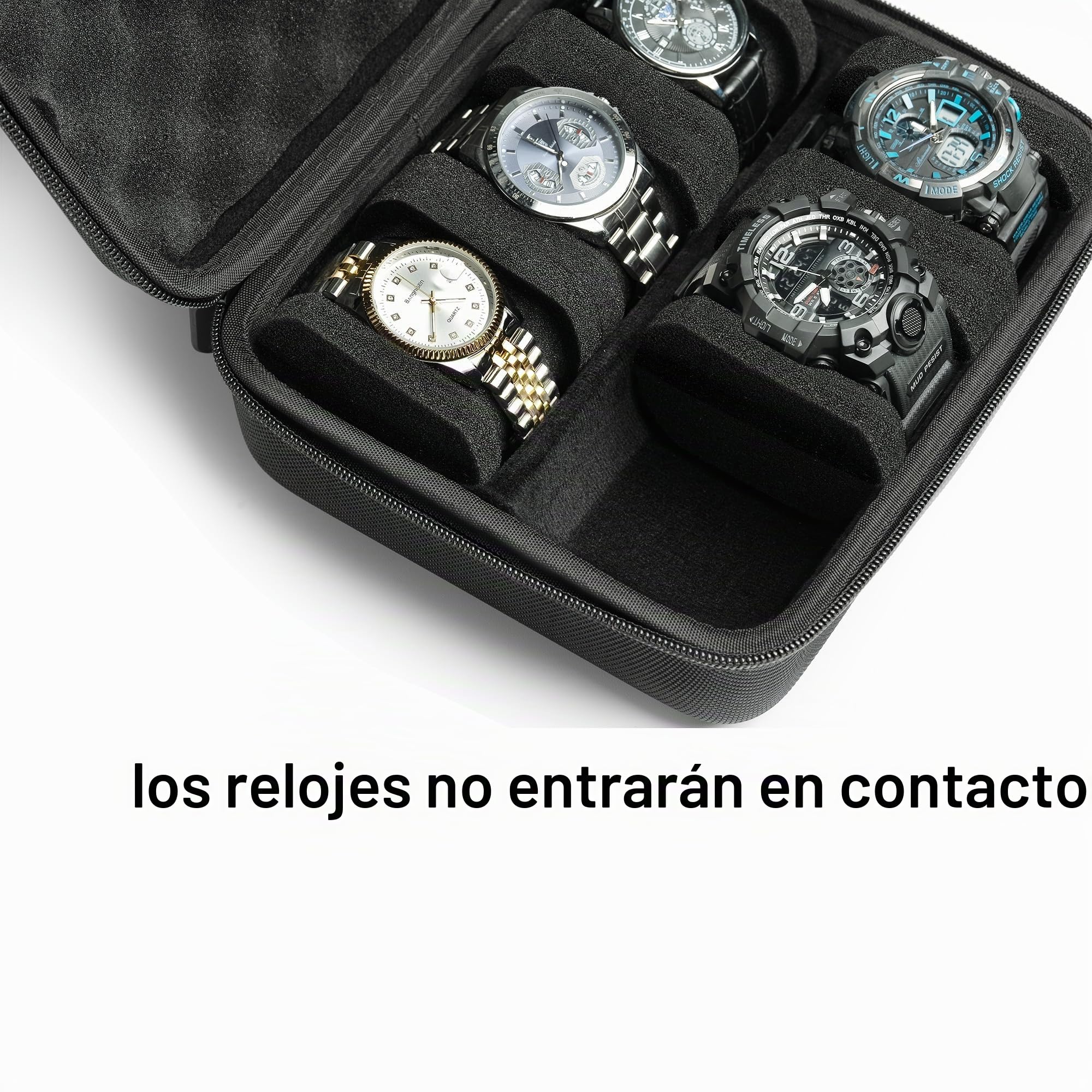 Estuche rígido para reloj 6 ranuras organizador de viaje caja dura negro 2 compartimentos