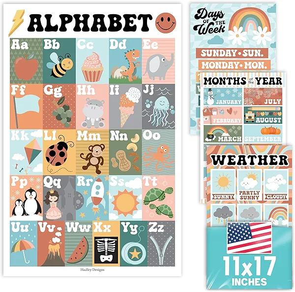 Hadley Designs 4 Alphabet, Months of the Year, Weather, Days of The Week Calendar For Kids, ABC Chart for Wall for Toddlers, Laminated Charts for PreK Classroom or Homeschool, Retro Posters 11x17