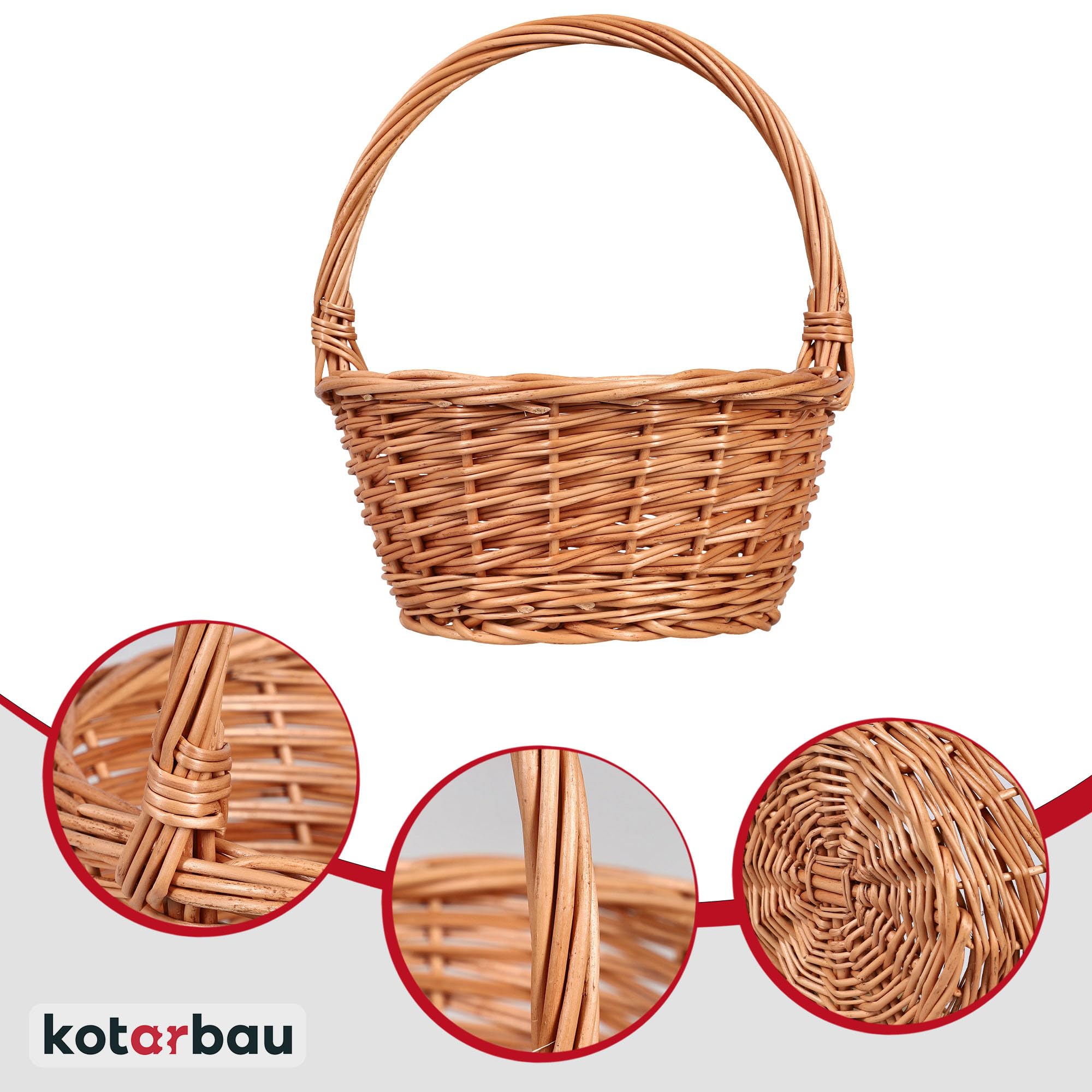 KOTARBAU Cesta de mimbre con asa redonda, color marrón, 22 x 17,5 x 25 cm - Cesta de sauce clásica para Pascua, pícnic, compras o almacenamiento