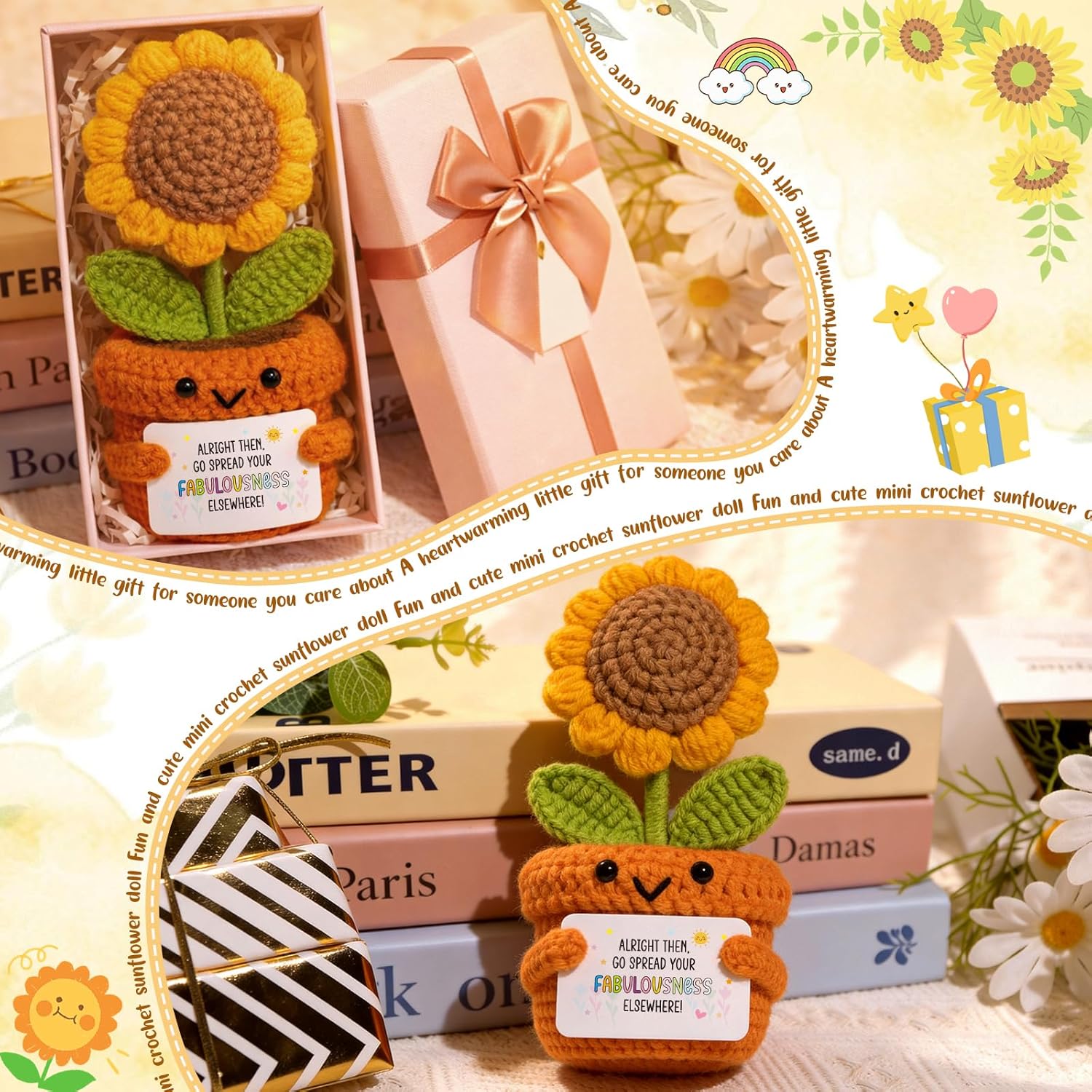 Farewell Gift for Coworkers Orange Decor Tiny Handmade Crochet Sunflower Funny Positive Plush,Cute Office Desk Decor for Boss or Staff, Appreciation & Goodbye Moving Away Gifts for Friend Women - Image 7