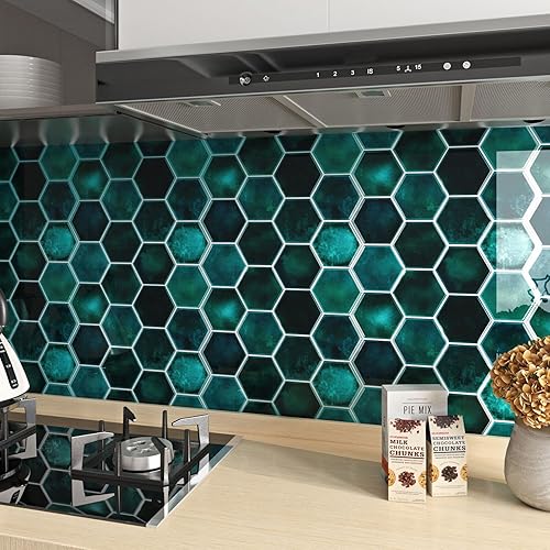 Miniatura 7 de FunStick Adhesivos para azulejos de pared en muro de cocina de 12 x 12 pulgadas, azulejos de pared hexagonales 3D autoadhesivos de color verde