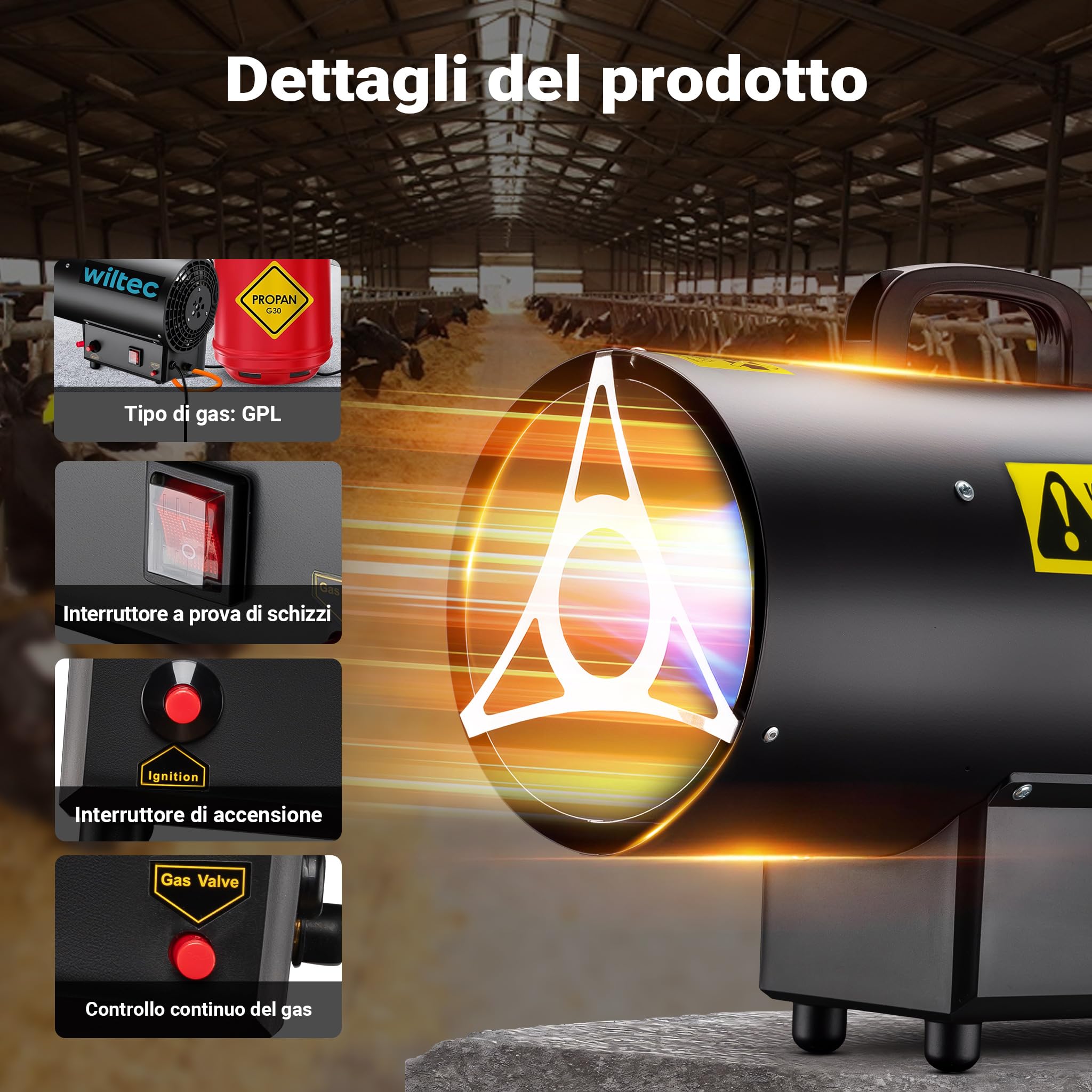Wiltec Cannone aria calda a gas GPL, con avviamento piezoelettrico, regolatore e tubo 1,5 m, Generatore calore