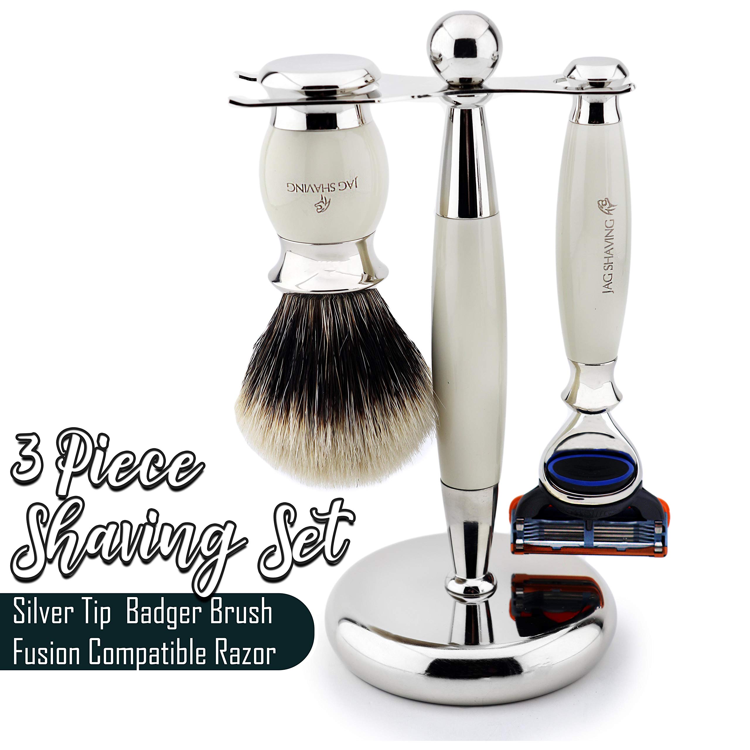 Hand-Made Shaving Set for Him > Silver Tip Badger Brush & 5 Edge Luxury Razor | 3 Piece Gift Kit by Jagshaving | Resin & Chromed Metal Handles Perfectly Balanced