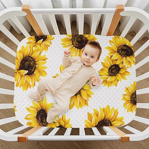 Miniatura 6 de Sábana bajera ajustable con diseño floral vintage de girasoles para niños y niñas, sábana para cuna, para regalo de bebé, 39 x 27 pulgadas