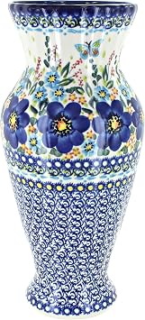 Blue Rose Polish Pottery - Garden of Blue Tall Vase - 11" Tall - Ceramic Flower Vase, Decorative Floral Design for Table, Shelf or Mantel Decor