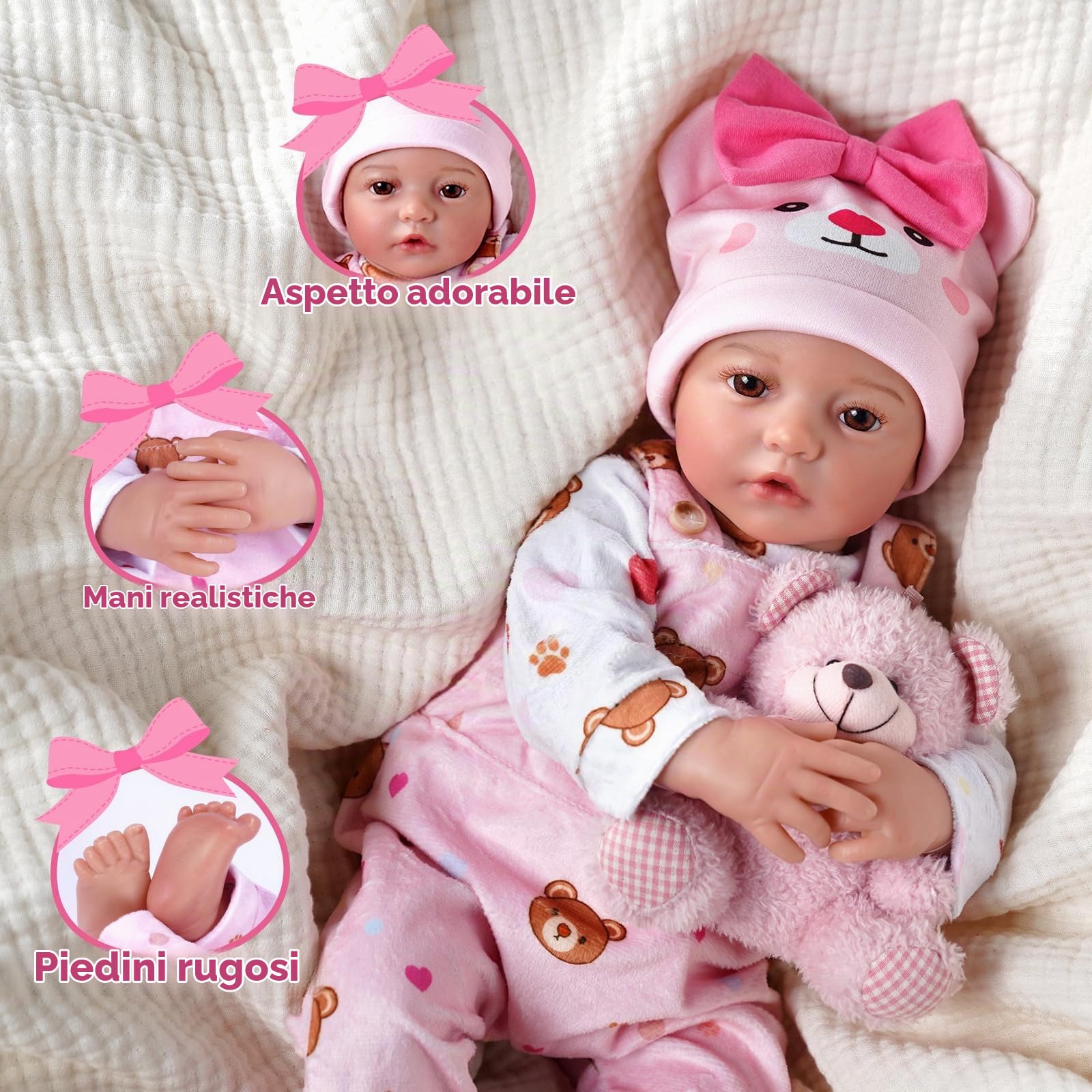 BABESIDE Bambole Reborn Bambina - 17 pollici Carina Reborn Femmina con Corpo in Stoffa, Bambola Neonata Realistica con Outfit Affascinante e Accessori Completi, Regalo per Bambini di Età 3+