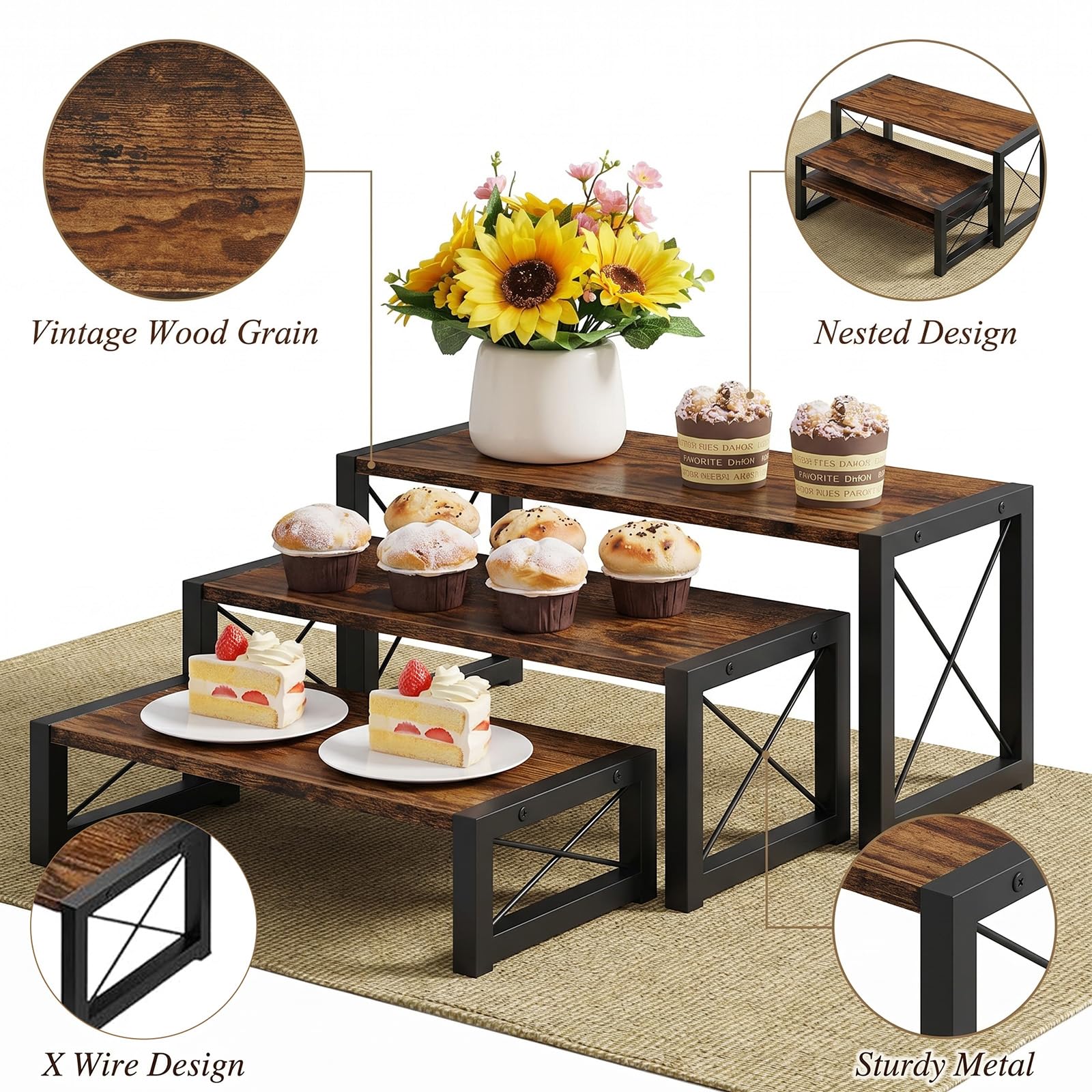 Soporte para Cupcakes de Madera 3 Niveles,Expositor Escalonado Apilable
