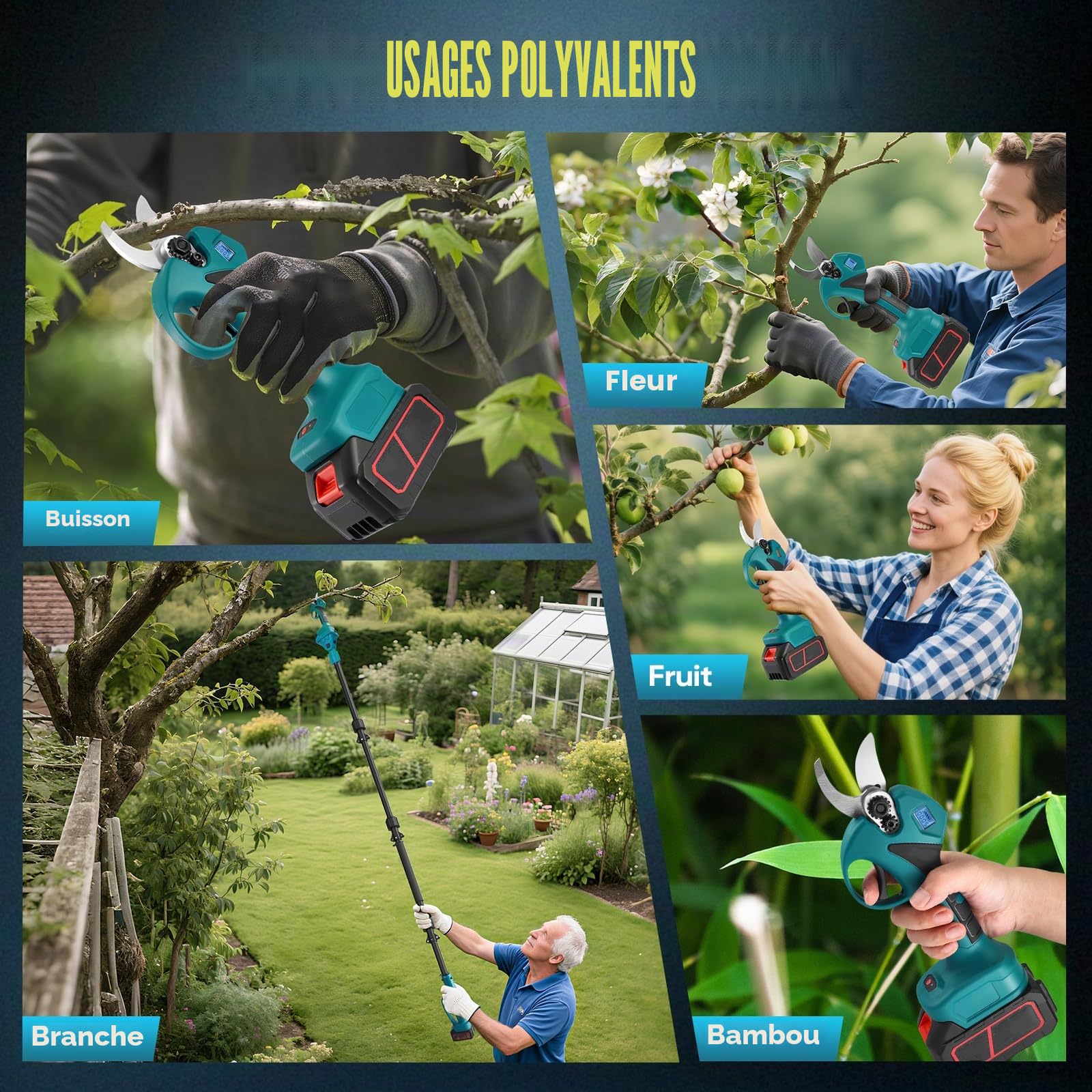 2 en 1 Secateur Electrique Sans Fil, avec 21V 2x3.0 Ah Batteries, Elagueuse sur Perche pour Arbres et Arbustes