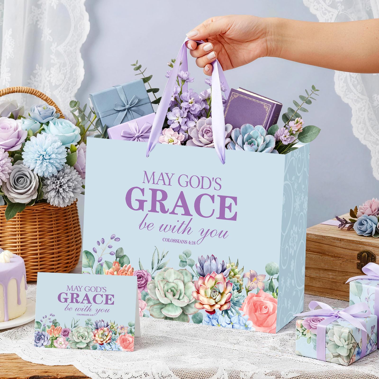 Christian Art Gifts Bag with Card & Purple Tissue Papers,Scripture Gift Bag,May God's Grace Be With You Scripture Gift Bag with Bible Verse for Mother's Day,Baptism,Wedding,Christian Goodie Treat Bag