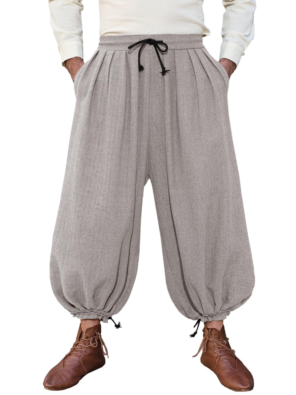 Runcati Mens Medieval Renaissance Baggy Harem Pants Pirate Costume Trousers, Khaki, Large