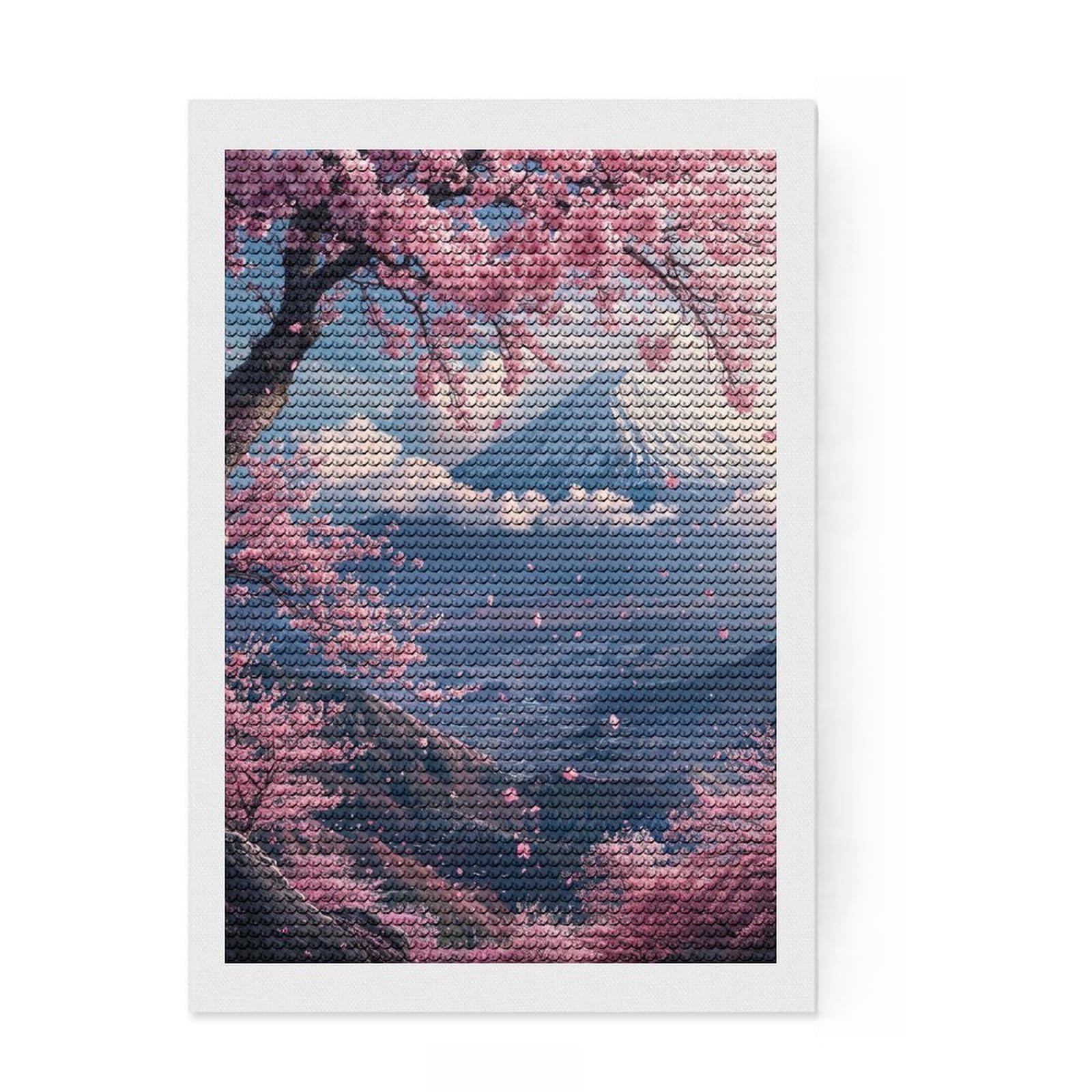 Junmoney Japan Mount Fuji Sakura V2 Diamond Painting Kit 8"x12", Detailed Printed Canvas, with Tool Kit, Full Kit Included, Canvas Picture
