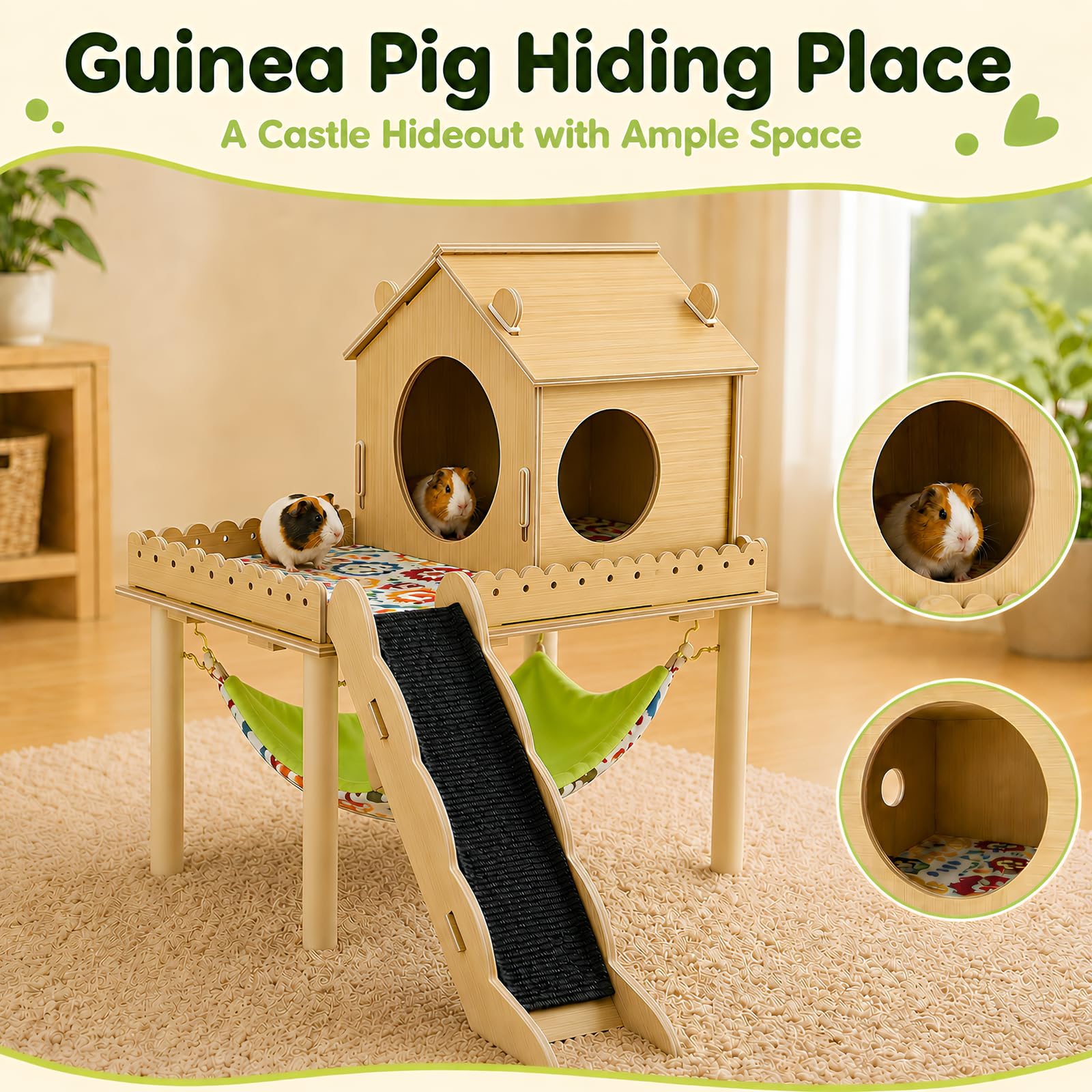 Maison 3-en-1 pour cochon d'Inde, maison pour hamster avec plateforme, escalier, rampe et cachette, accessoires pour petits animaux avec hamac, convient pour lapins, hamsters nains