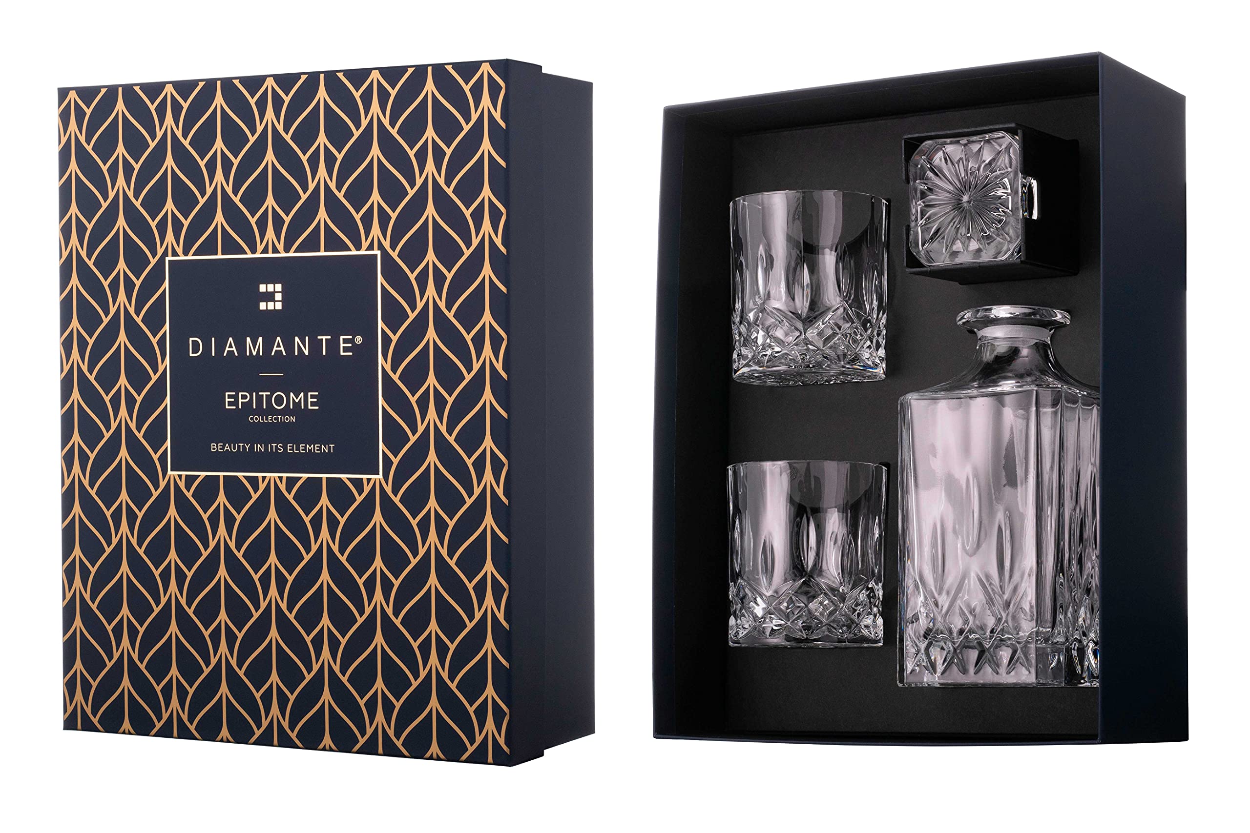 DIAMANTE Whisky Set 3 Piece “Dorchester” Collection | 1 Crystal Decanter with 2 Crystal Tumblers in a Luxury Satin Lined Gift Box