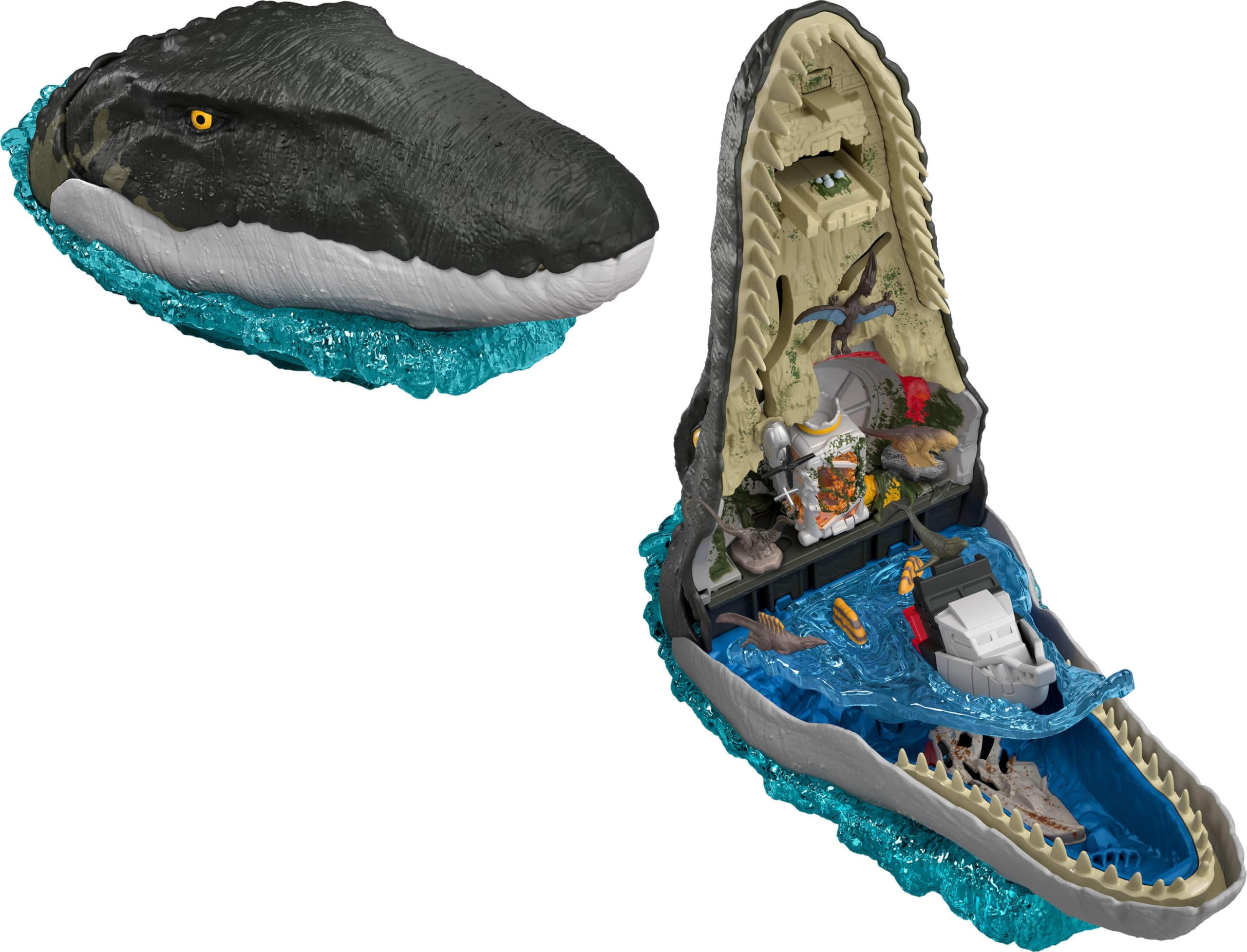 Mattel Jurassic World Rebirth Mosasaurus - Juego de Lujo con 7 características interactivas, 7 Efectos de Sonido y 6 microfiguras, se pliega para Transportar y almacenar