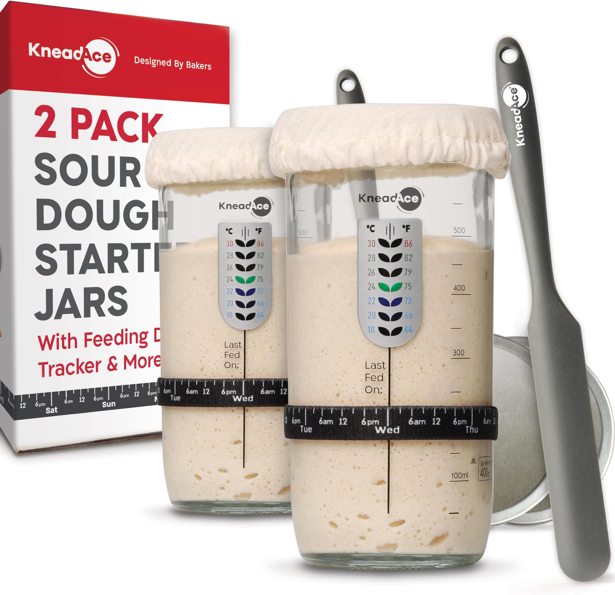 KNEADACE Sourdough Starter Jar With Date Marked Feeding Band, Thermometer, Sourdough Jar Scraper, Sourdough Container Sewn Cloth Cover & Metal Lid, Sourdough Starter Kit (2 Pack)