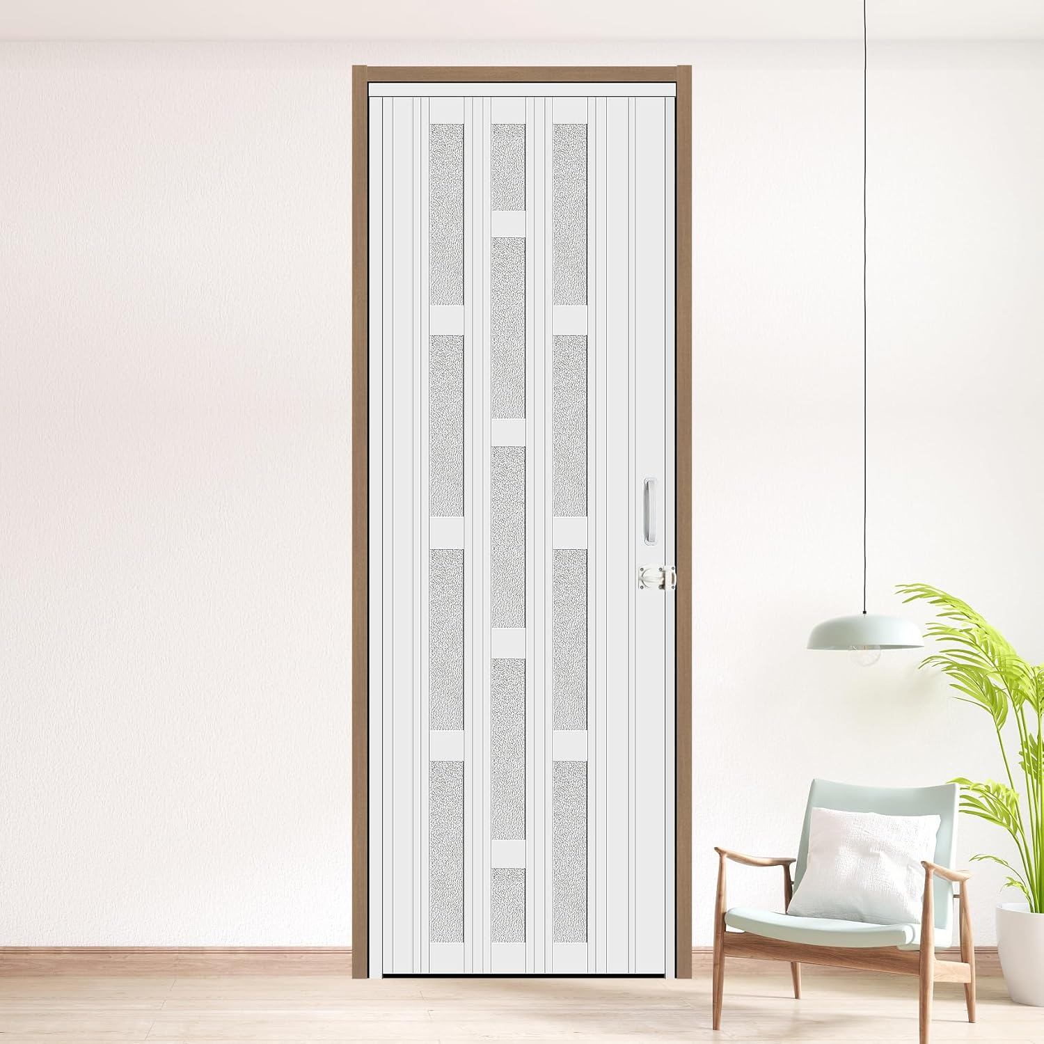 48X79in Frosted Acrylic Glass PVC Accordion Folding Door for Closet,Multifold Interior Door with Installation Hardware,Includes Handle and Latch,White Beech