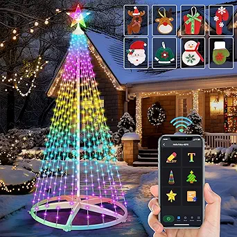 8FT LED Christmas Cone Tree Light, 355LEDs Outdoor Lighted Christmas Tree with Smart APP Control, IP65 RGB Lighted Cone Tree for New Year Decor with IP44 Adapter for Indoor Outside Yard Display