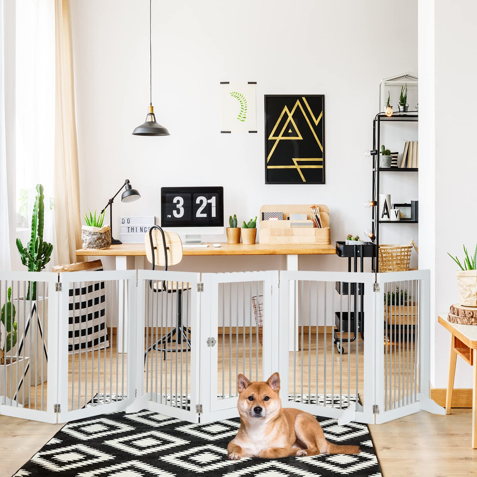 COSTWAY 6-teiliges Absperrgitter Hunde, Freistehendes Hundegitter mit Tür & 4 Stützfüßen, 80cm hoch, Klappbarer Schutzgitter, Treppengitter aus Holz und Edelstahl, für Kamin Treppe, Weiß