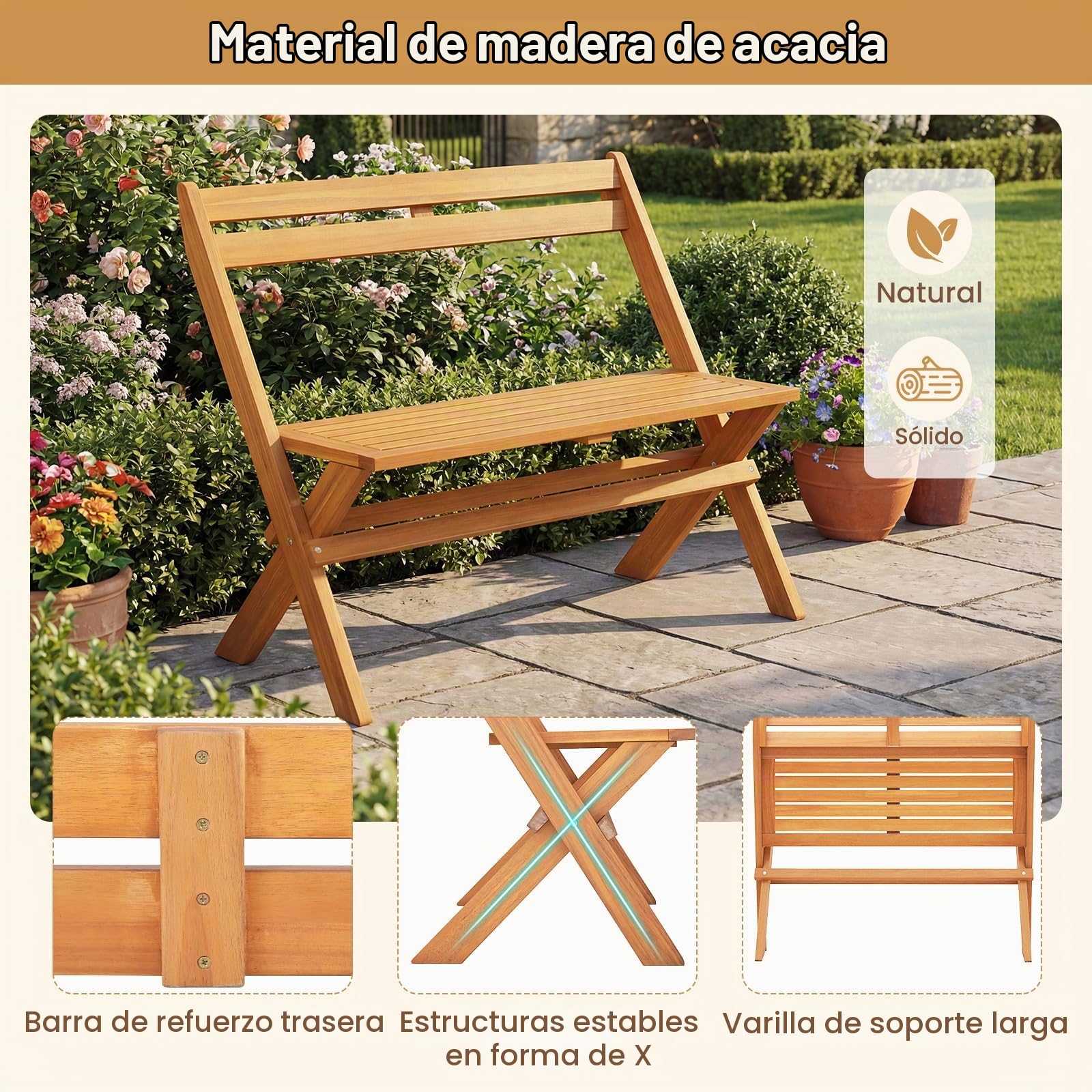 KOMFOTTEU Banco Plegable para 2 Personas, Madera de Acacia, Carga 360 kg | Asiento Exterior para Jardín, Porche, Balcón, Parque, 56 x 105 x 80 cm