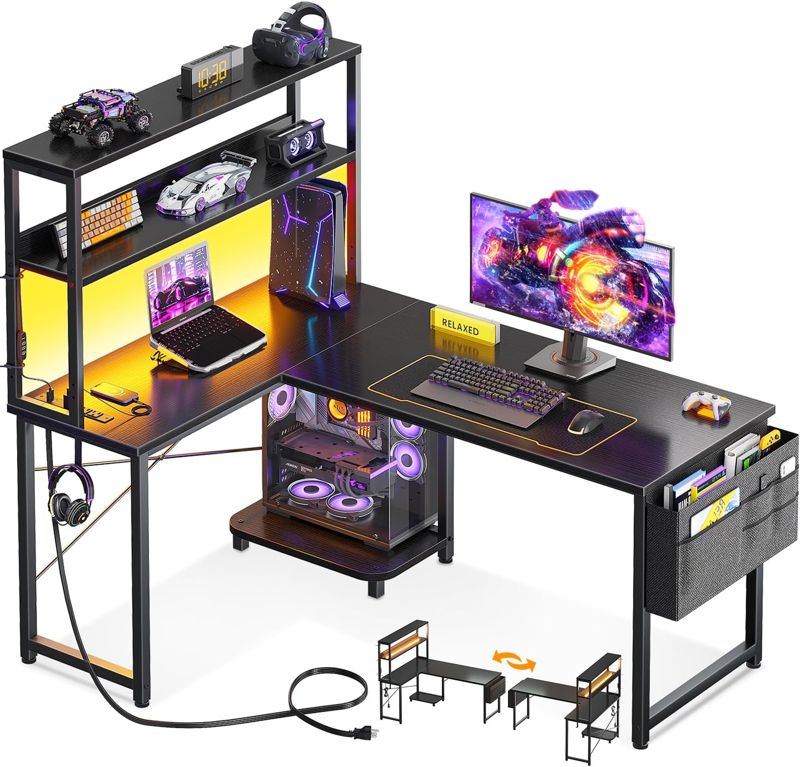 ODK 43" L-Shaped Desk with LED Lighting, Reversible Gaming Desk with Outlet, Cornor Computer Table with Storage Shelf, Bag & Iron Hook, Home Office, Study Room, Black