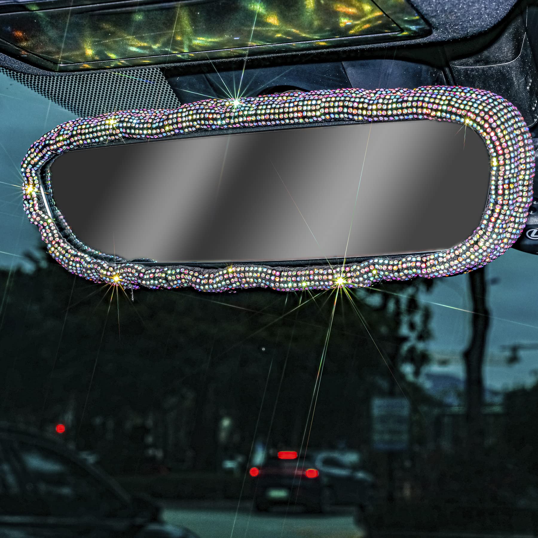 LivTee Bling Car Rearview Mirror Cover, Elastic Plush Bling Car Rear View Mirror Cover, Crystal Rhinestone Bling Car Interior Accessories for Women Universal Fit - Colorful