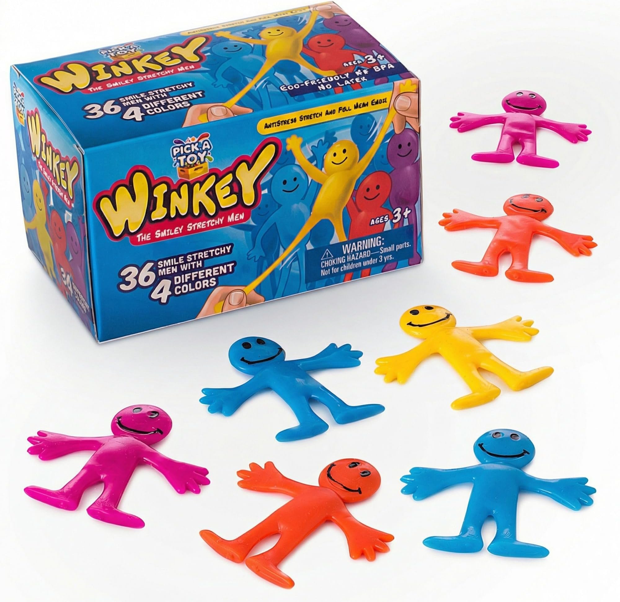 Pick A Toy Sticky Stretchy Happy Man Toy Party Favors for Kids: Rubber Sensory Toys Set of 36 - Classroom Small Prizes for Birthday Goody & End of Year Party Favors