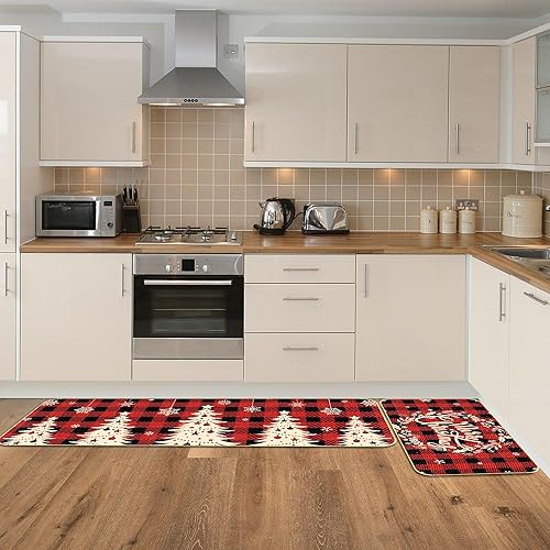Miniatura 7 de Sawowkuya Juego de 2 tapetes de cocina a cuadros de búfalo de Navidad de 17 x 29 pulgadas, 17 x 47 pulgadas, a cuadros rojos y negros, impermeables,