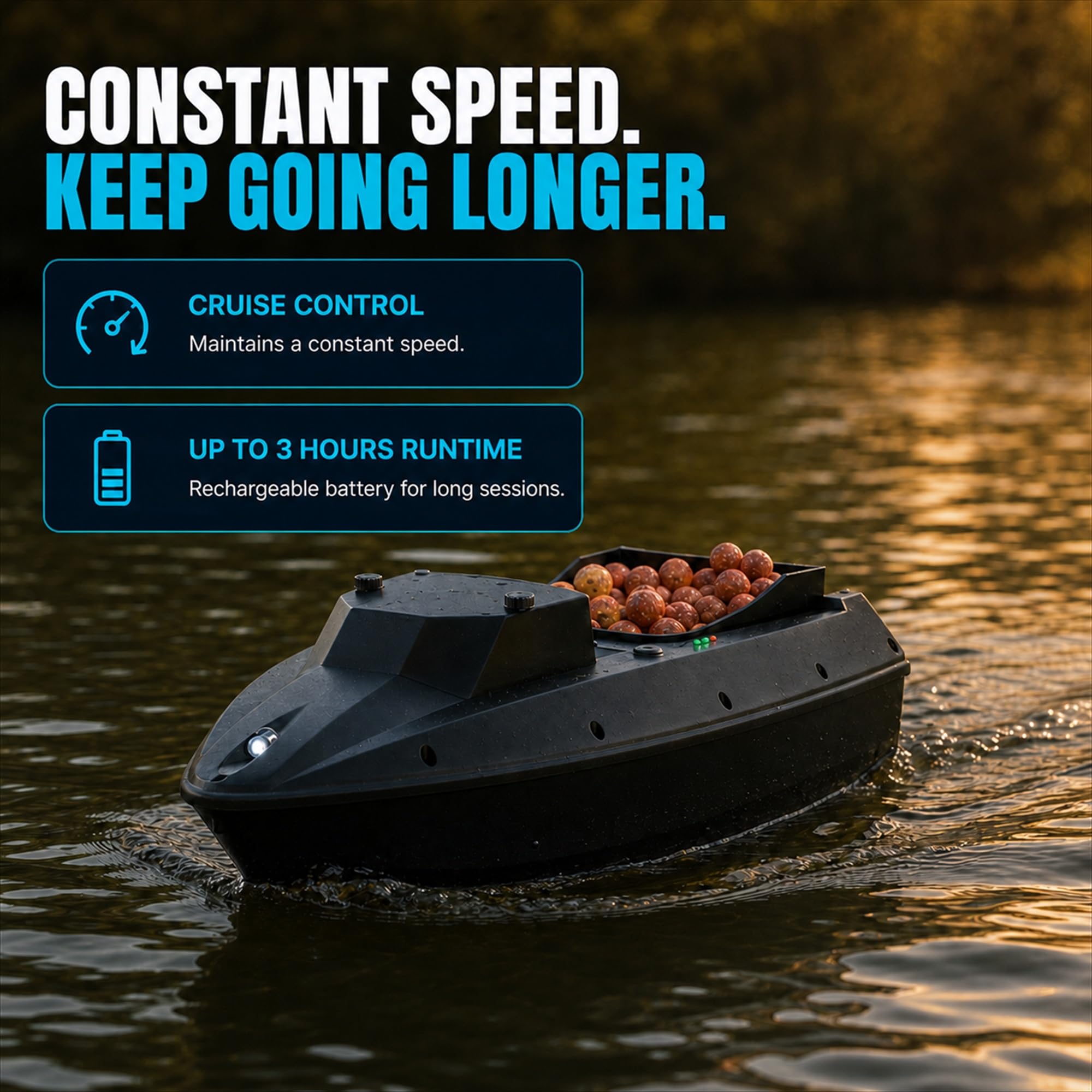 barca pasturatrice, barca con esca per la pesca alla carpa – Nuovo modello con Cruise Control, Capacità di carico 1,5 kg, portata 500 m, Tempo di navigazione 3 ore, illuminazione a LED