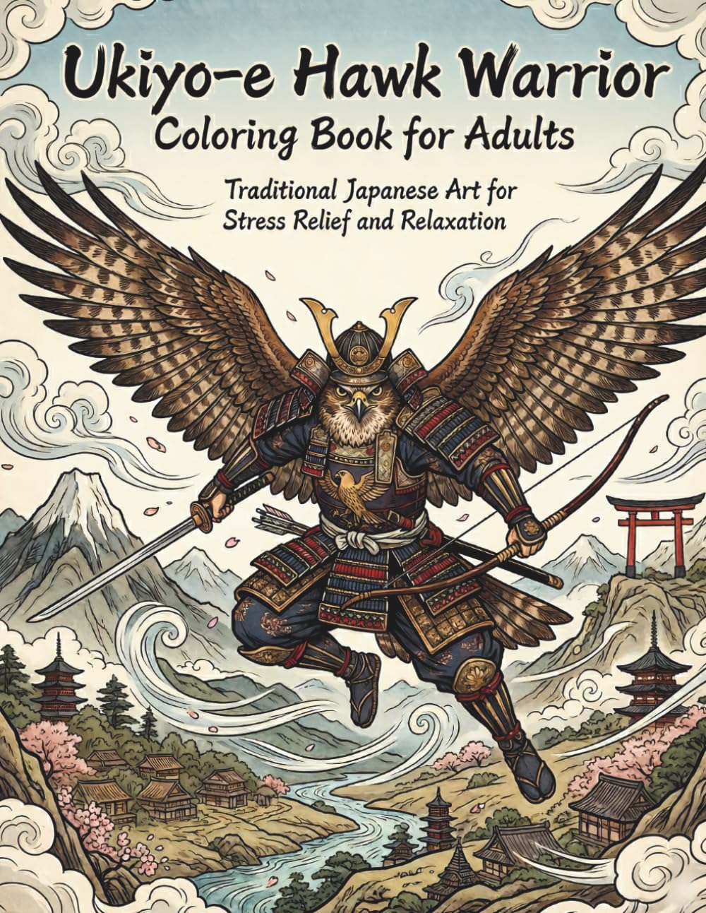 Ukiyo-e Hawk Warrior Coloring Book for Adults: Traditional Japanese Art for Stress Relief and Relaxation