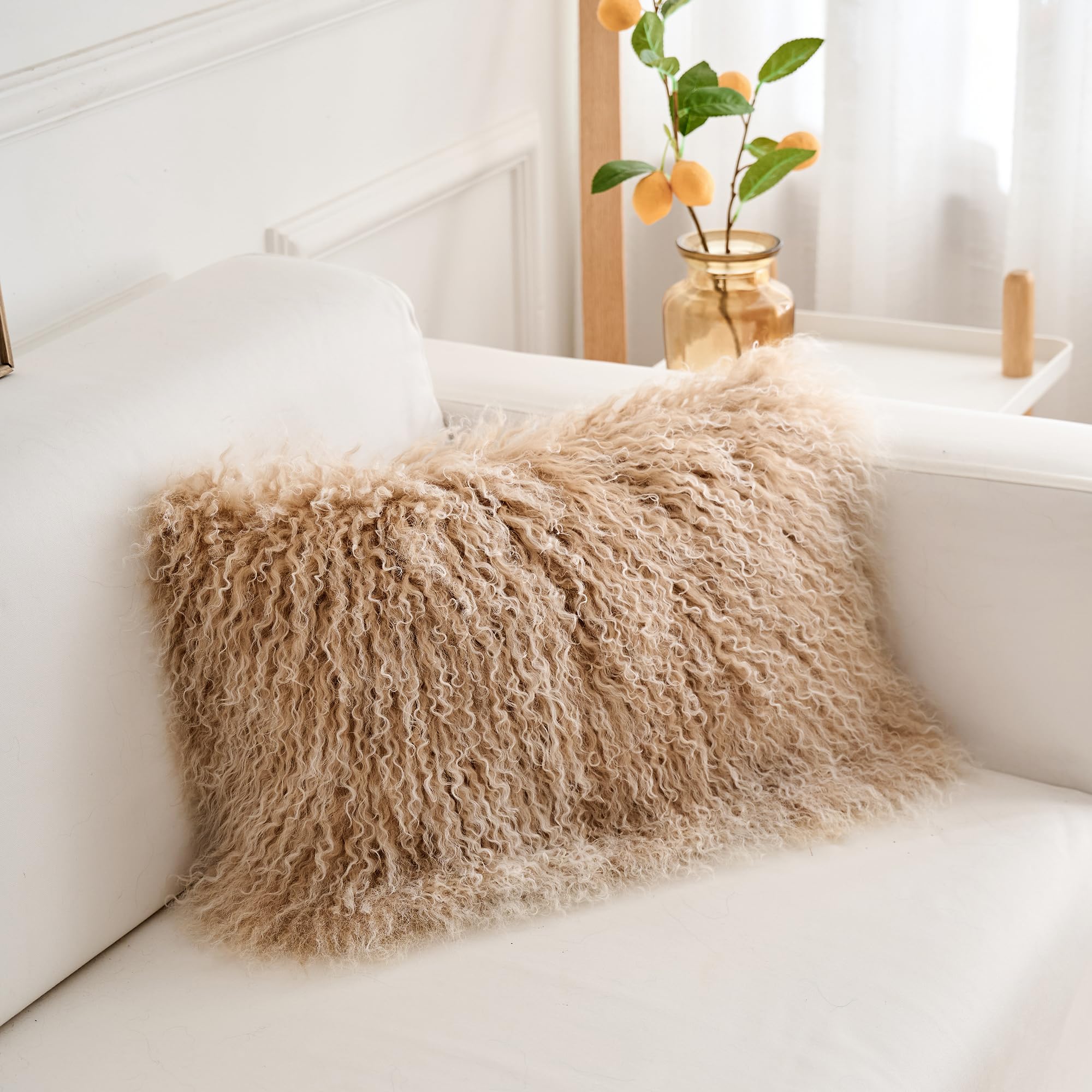 Coussins 30cm x 50cm en Véritable Fourrure d'agneau Tibétain-Mongol - Rembourrage Polyester Haut de Gamme - Décoration Luxe, Hypoallergénique, Lavable - pour Salon, Chambre ou Bureau (Beige Poudré)
