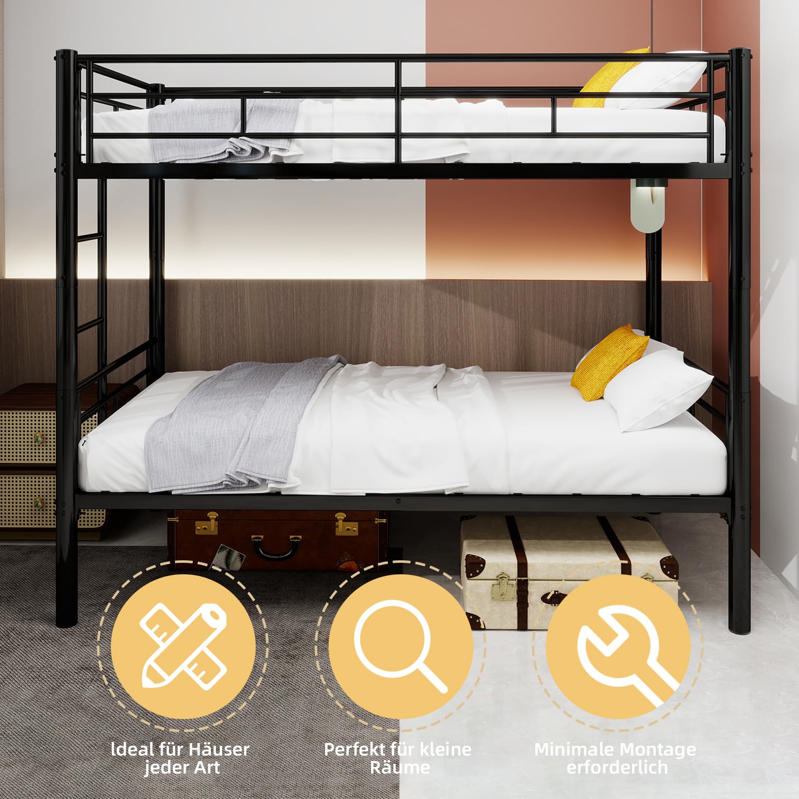 Kinder Hochbett, Metall Etagenbett, Heavy Duty Metallbett Rahmen, etagenbett Twin Over Full mit Leiter & Full-Länge Geländer für Jugendliche Erwachsene, Lärm frei (Schwarz A, 90x190CM)