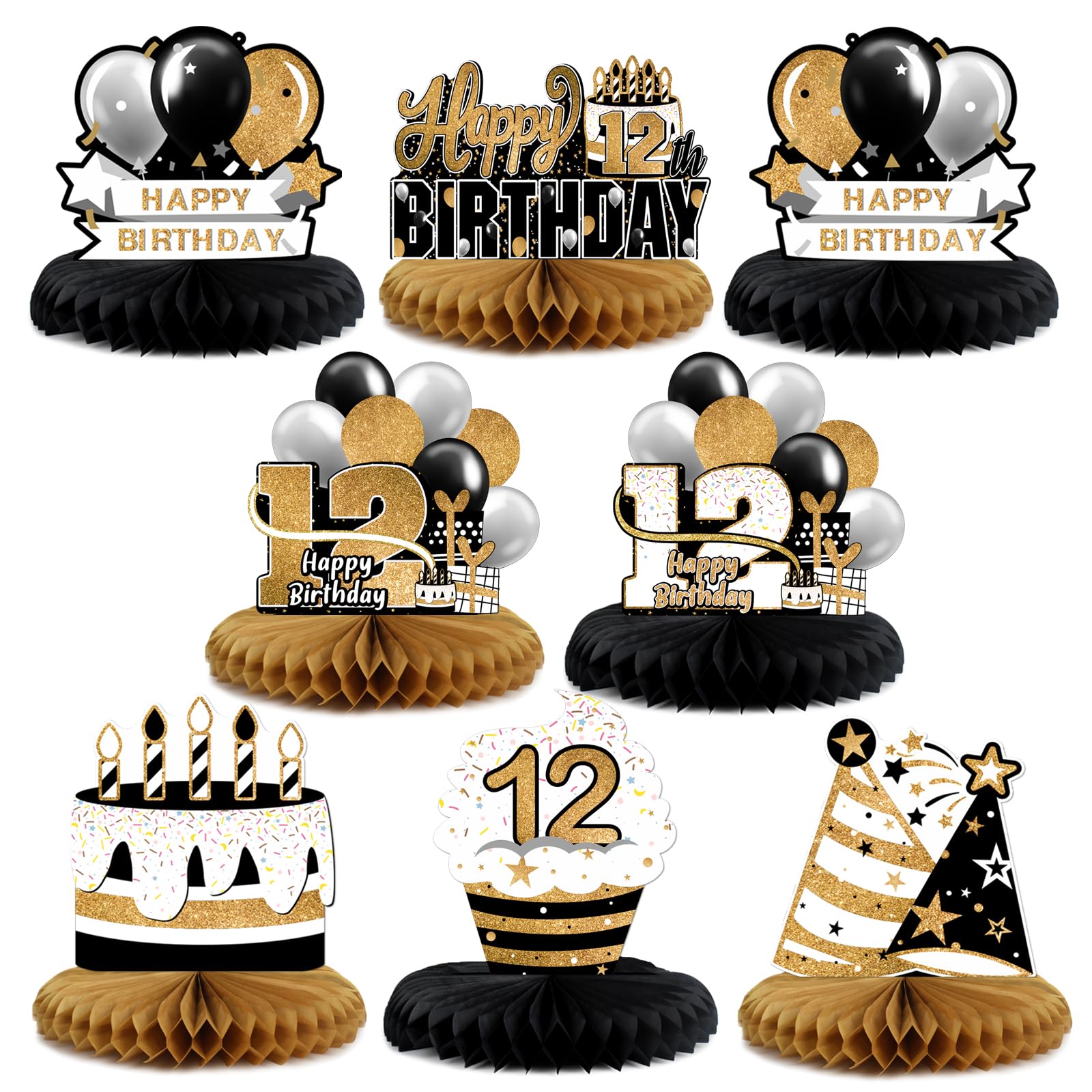 LINGTEER Happy 12th Birthday Black & Gold Paper Table Topper Centerpieces Set - 8 Pcs Cake Star Balloon Twelve Years Old Birthday 12th Bday Party Gift