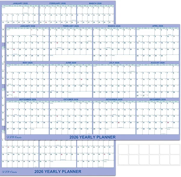 32" x 48" 2026 Wall Calendar, Folded Wet & Dry Erase Wall Calendar 12 Month, Yearly Laminated Calendar, Reversible Annual Planner, Horizontal/Vertical, with Julian Dates