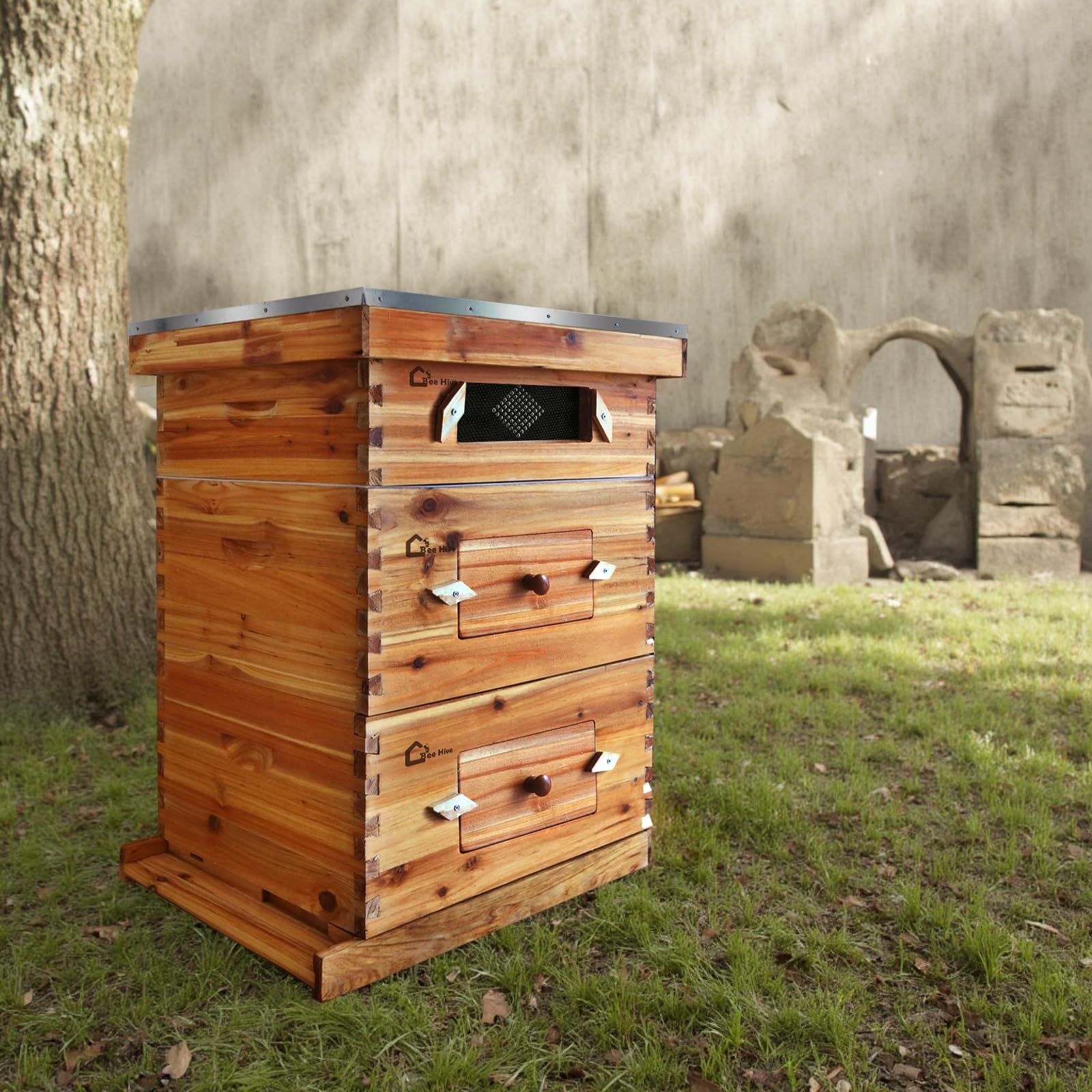 Garvee Kit complet ruche Langstroth 10 cadres pour apiculture – 2 corps profonds, 1 hausse moyenne, fenêtres acryliques, cadres et cires inclus – Bois de sapin traditionnel – Traditionnelle ruche en