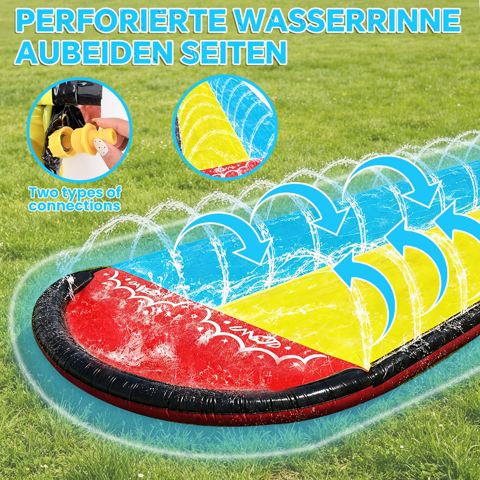 Yisquar Tobogán acuático para jardín, 480 cm, doble tobogán con aspersor integrado, con aspersor y 2 tablas inflables, tobogán acuático inflable, para fiesta de verano, Lawn