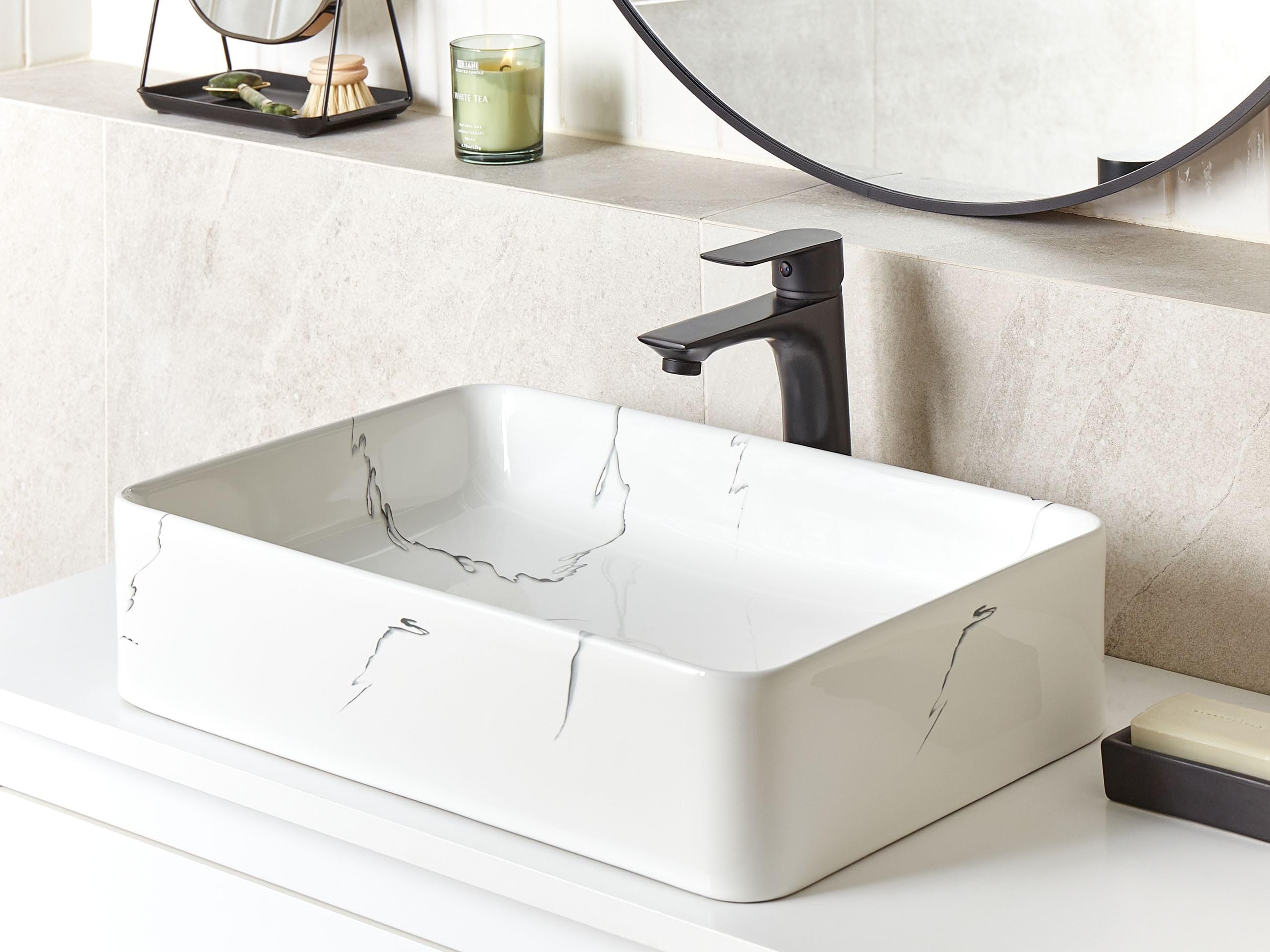 Lavabo sobre encimera baño cerámica blanco efecto mármol 51 x 34 cm Hopi