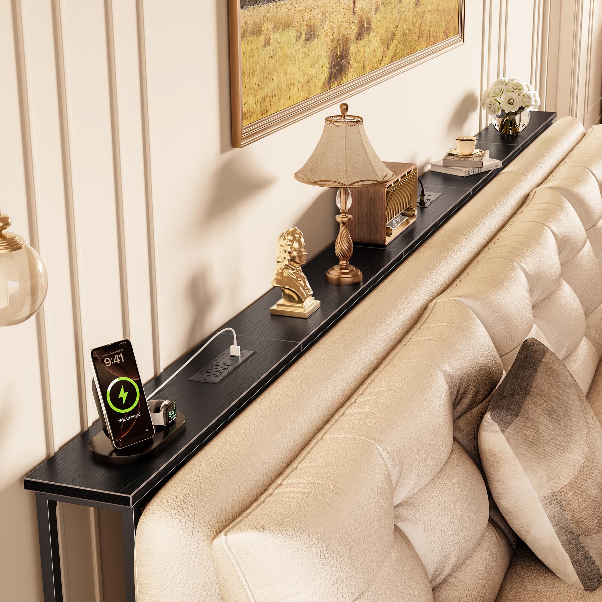 Huuger 110 Inch Sofa Table with Power Outlets, Skinny Behind Couch Table