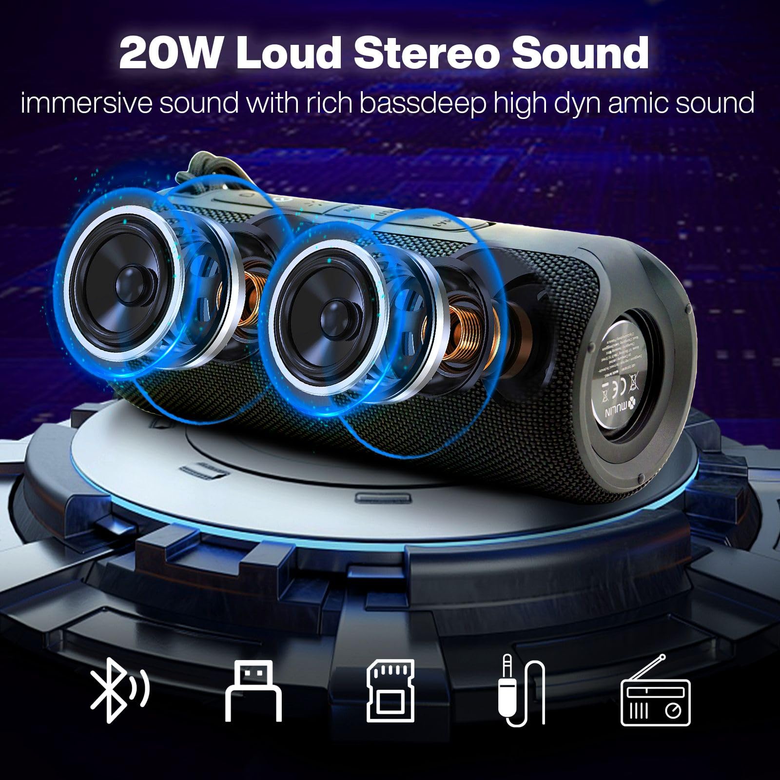 MU Enceinte Portable Bluetooth 5.3 sans Fil avec Bass Puissantes,Étanche à l’Eau et à la poussière, Subwoofer à 360 Degrés, Autonomie 24 hrs, Double Appairage Stéréo, Lumière LED