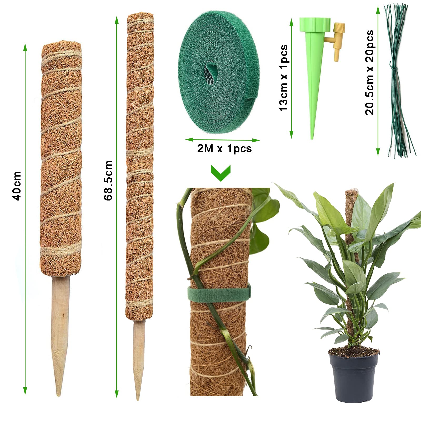 MABUSIYI Kokos-Moosstangen Für Kletterpflanzen – 40,6 Cm, 2 Stück Inkl. Bänder, Ideal Für Monstera & Philodendron