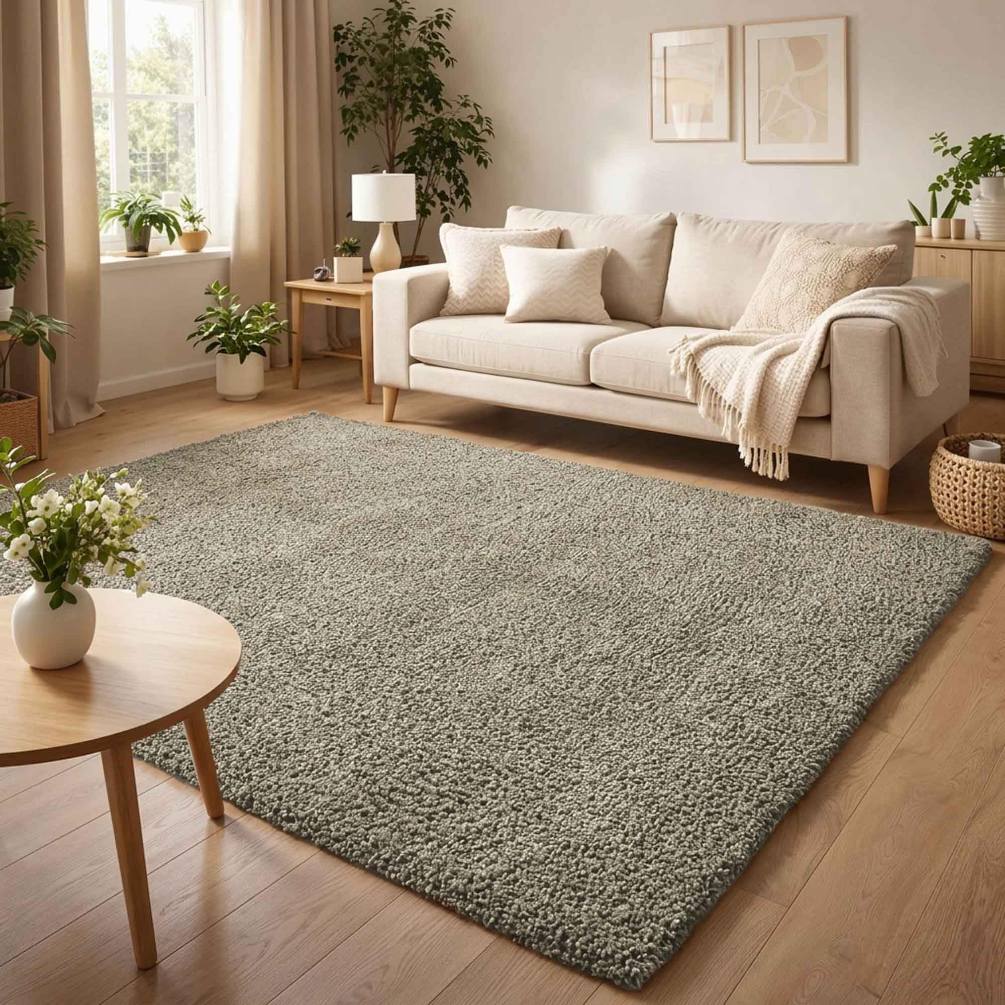 Ainsley Plain Soft Shaggy Modern Living Room Area Rug, Sage, 160x230cm