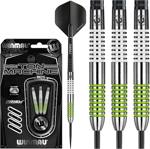 Winmau Ton Machine - Dardos de tungsteno con vuelos y ejes de prisma (tallos)