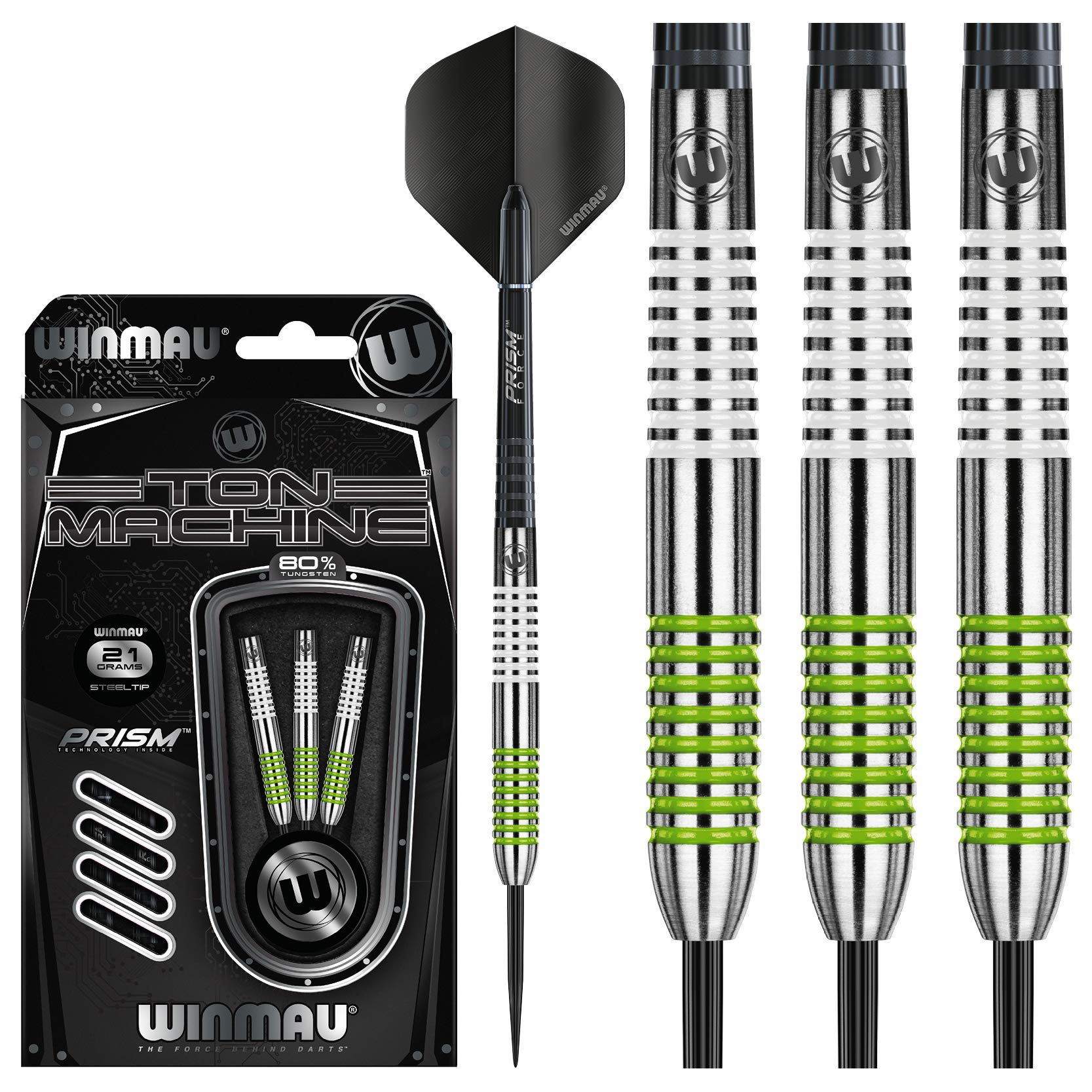 Winmau Darts Ton Machine Professional Tungsten Darts Set With Prism Flights And Shafts (Stems) 22G | 23G | 24G | 26G | 27G Gram Steeltip Dart Set (Gre